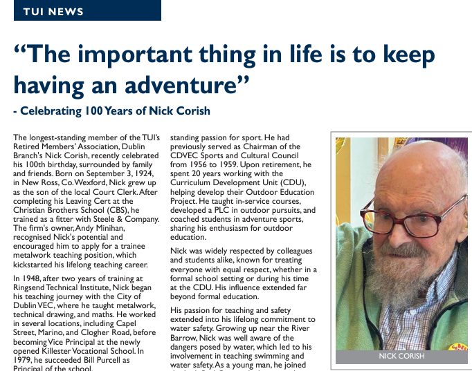 TUIunion's tweet photo. In the current TUI News, which has issued in hard copy to workplaces, we pay tribute to the Retired Members' Association's longest-standing member, the remarkable Nick Corish, who recently celebrated his 100th birthday!🎂 https://t.co/CH0QlJtVpV