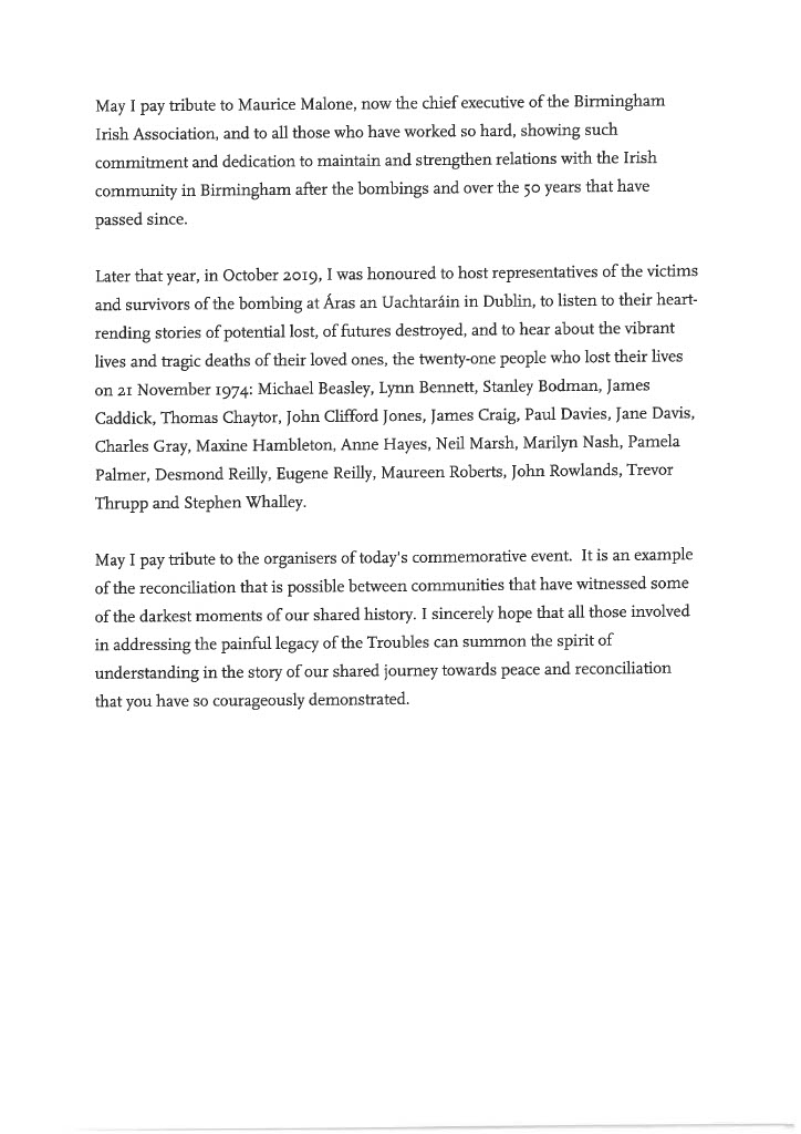 President Michael D. Higgins has sent a message to those attending this afternoon's memorial service in Birmingham to remember all those killed 50 years ago today in the horrific bombings in the city