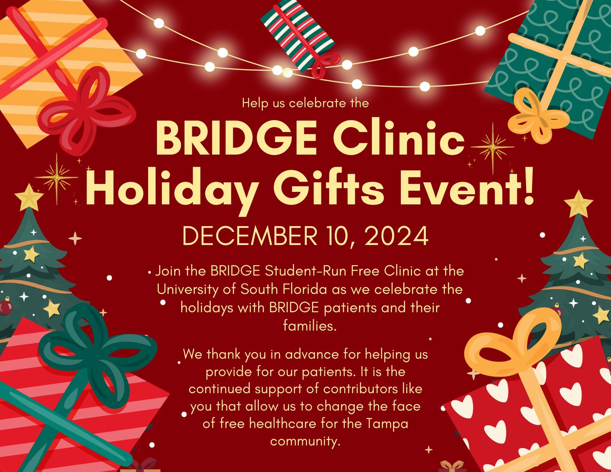 bridgeclinicusf's tweet photo. It's the most wonderful time of the year! We are hosting our annual Holiday Party for our patients and their families. Each year this event is made possible by the generosity of people like you! If you would like to make a donation or sponsor a family, see the attached flyer. https://t.co/FQlfBElrjy
