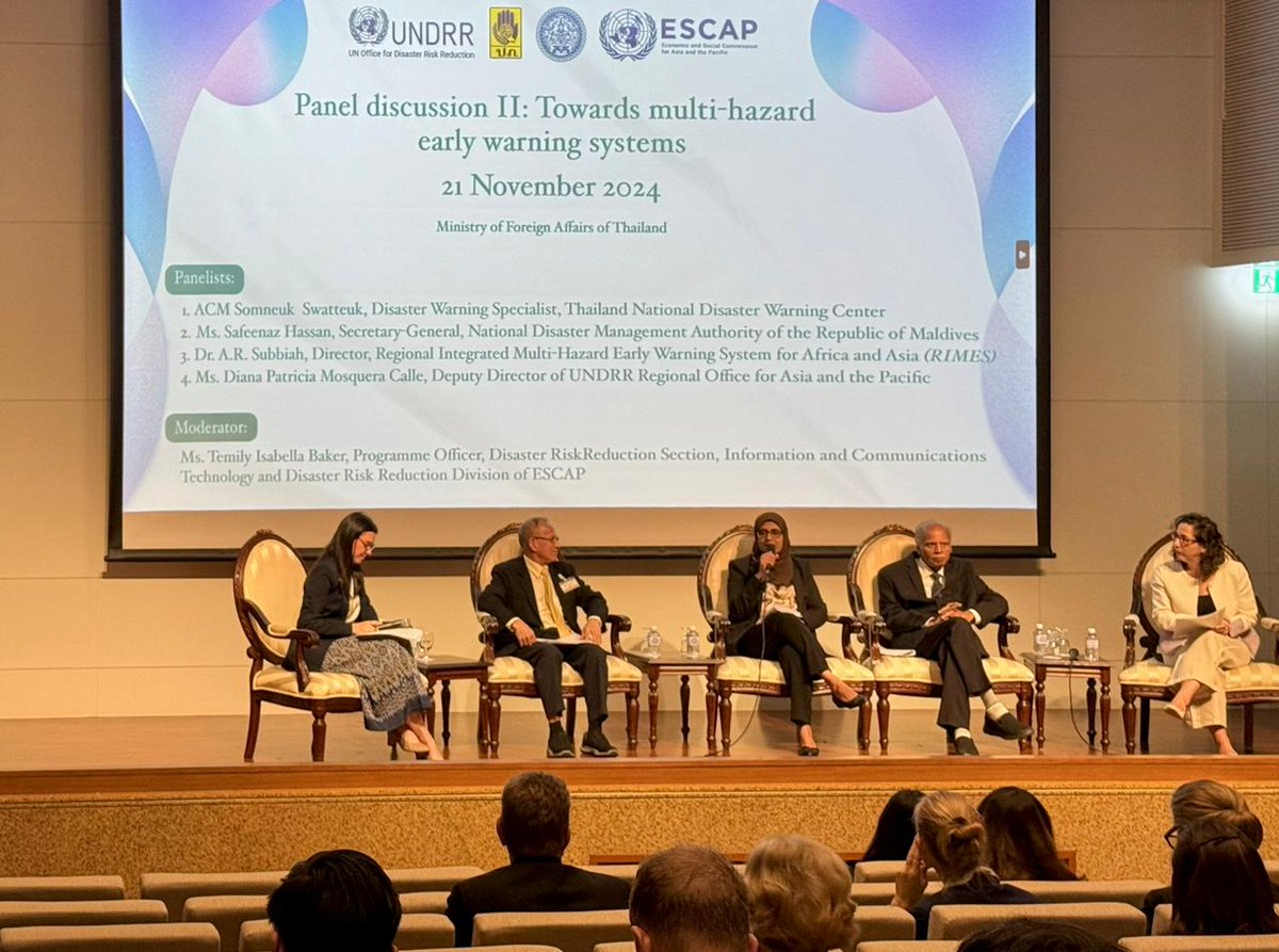 NDMAmv's tweet photo. Secretary General Ms Sofeenaz Hassan, participated in a panel at “20 Years On: Remembering the 2004 Indian Ocean Tsunami” event in Bangkok, organised by @MFAThai. She highlighted the Maldives’ disaster preparedness challenges and the importance of adapting MHEWS in SIDS. https://t.co/1T3XeuaHWv