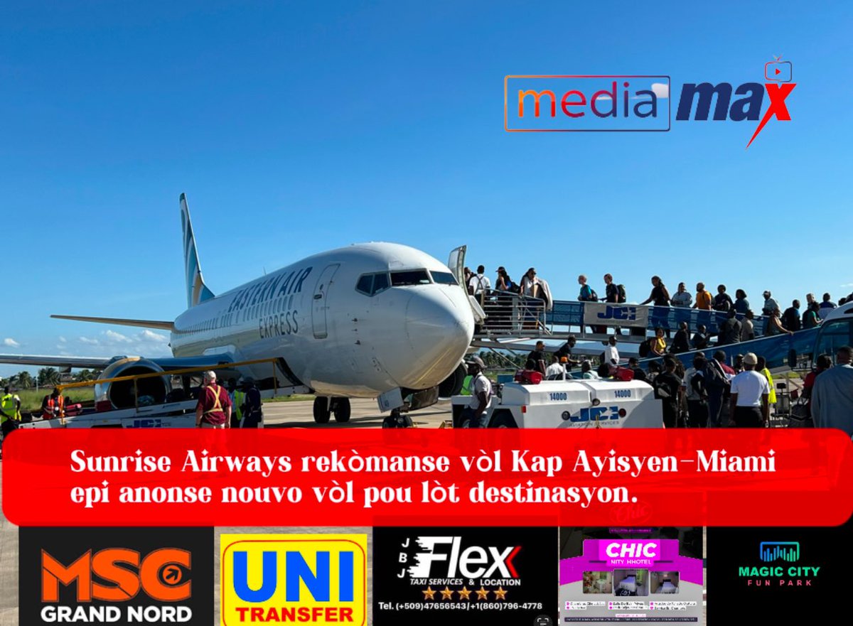 Gedemax's tweet photo. @SunriseAirways rekòmanse vòl ant Kap Ayisyen ak Miami, 8 jou aprè sanksyon FAA yo. https://t.co/Fx76wAkP7d? https://t.co/LAr3ew7tnb