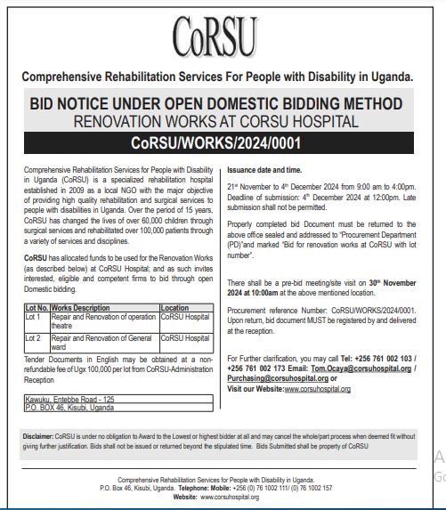 Bid Notice: Renovation works at CoRSU Hospital. #architects #Construction #plascon #orthopaedics #surgery