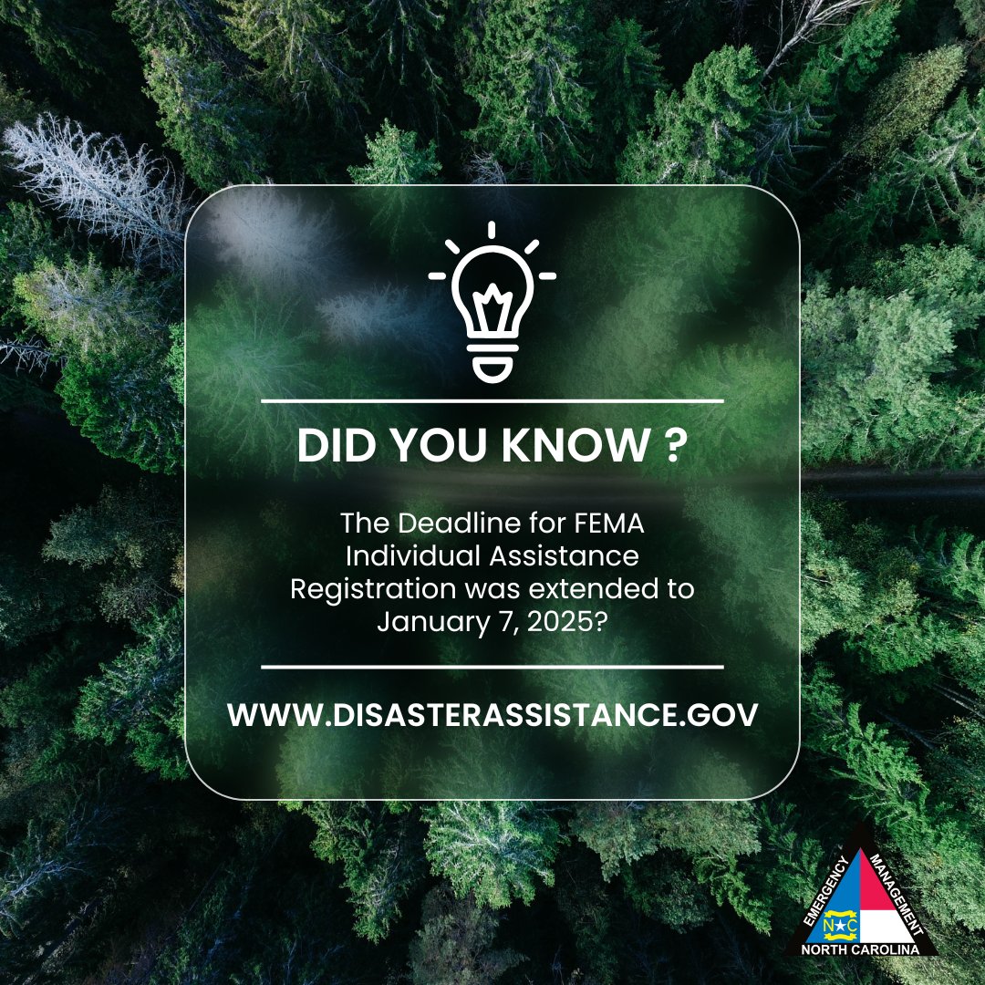 NCEmergency's tweet photo. If you were impacted by #Helene in NC, you can still apply for FEMA Individual Assistance Benefits through 1/7/25. You can register for assistance by:
1. Visit https://t.co/uM35ptSuwY .
2. Call 1-800-621-3362 between 7am and 10pm.
3. Visit a FEMA Disaster Recovery Center https://t.co/vbH54muPKF