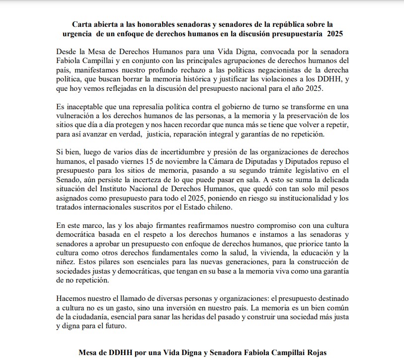 Compartimos carta de organizaciones y defensores/as de DDHH en torno a la defensa del presupuesto para el <a href="/inddhh/">INDH Chile</a> y su mandato de defensa y promoción de los derechos de las personas que habitamos Chile <a href="/Senado_Chile/">Senado Chile</a>