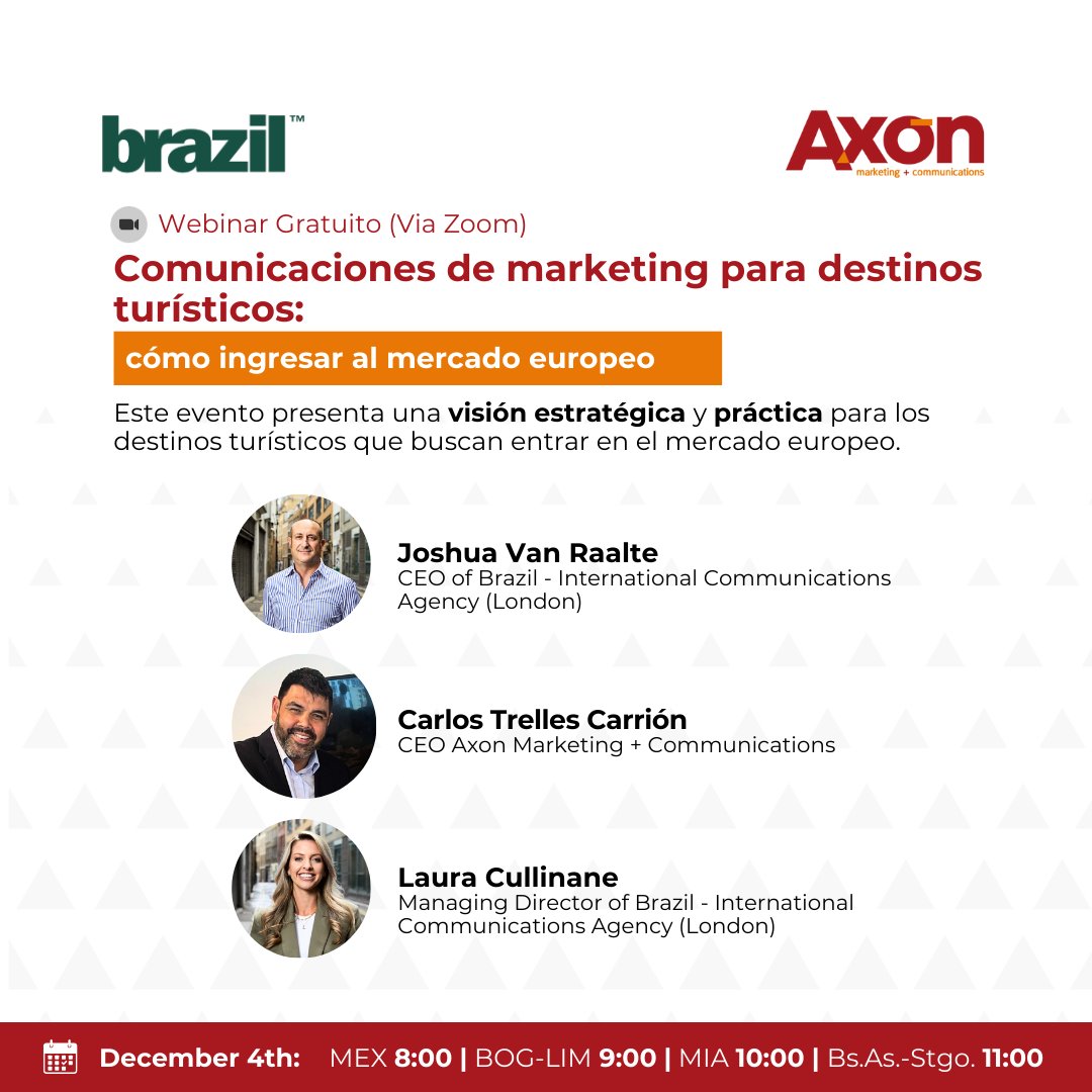 AxonMarketing's tweet photo. ¿Estás interesado en atraer más turistas del mercado europeo? 

Únete a este webinar gratuito presentado por Joshua Van Raalte y Laura Cullinane de la agencia Brazil (London) y Carlos Trelles, nuestro CEO. 

¡Haz clic para reservar tu lugar! https://t.co/SDkEyMQSIO https://t.co/KRkpbYHRcW