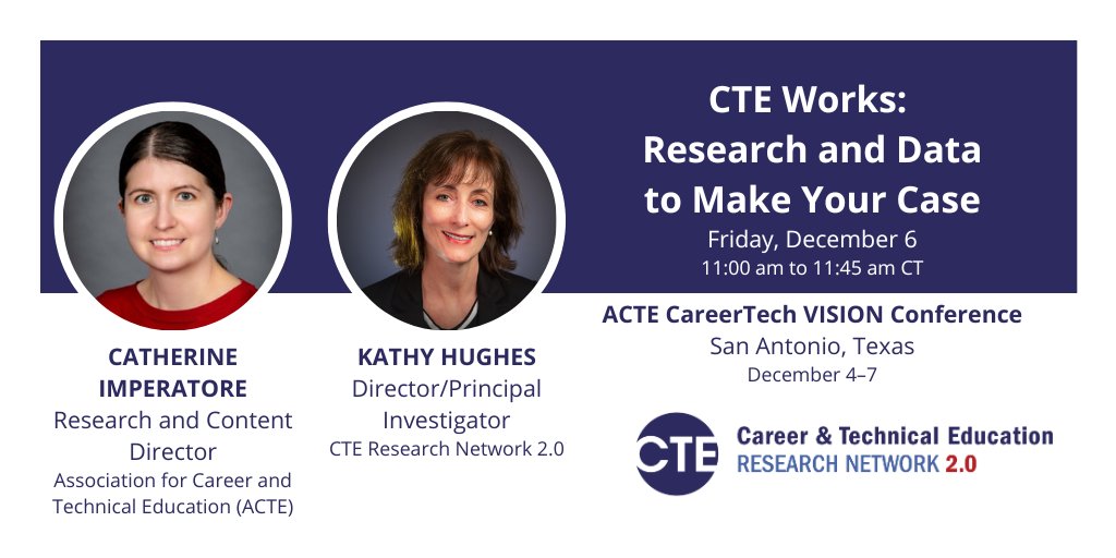 CTEResNetwork's tweet image. Catherine Imperatore of ACTE and Network 2.0 Director Kathy Hughes will present on making the case for #CTE with #IESFunded research at the @actecareertech VISION conference in San Antonio, TX, on 12/6 at 11 am CT!
Explore all presentations: careertechvision.com/2024/program_s…