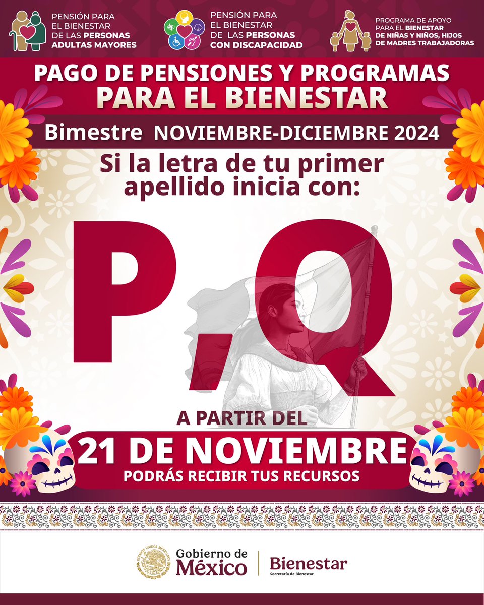 A_MontielR's tweet photo. ❤️Aviso importante❤️

Si tu apellido comienza con las letras P, Q; a partir del 21 de noviembre, podrás disponer de tu recurso correspondiente al bimestre noviembre-diciembre de las #PensionesBienestar y el programa #MadresTrabajadoras.

@Claudiashein
#HumanismoMexicano 
#PrimeroLosPobres