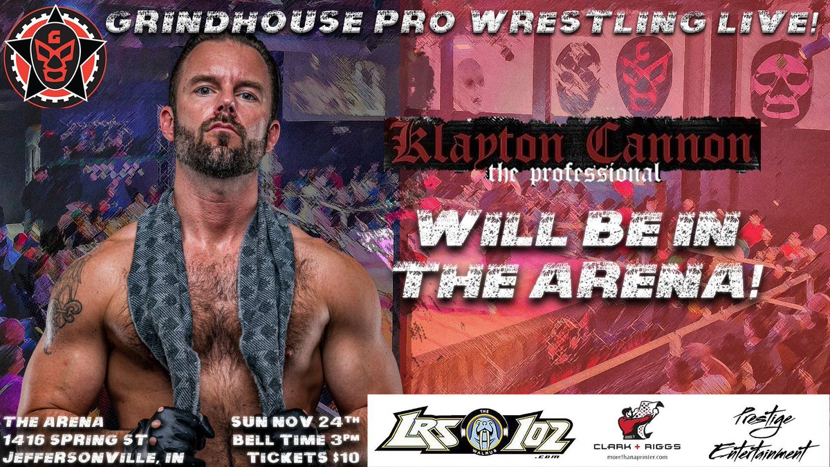 Grindhouse Pro Wrestling (@grindhousex) on Twitter photo What will <a href="/KlaytonCannon/">Klayton Cannon</a> have to say THIS SUNDAY?
Sun Nov 24, 3 PM
The Arena
1416 Spring St
Jeffersonville, IN
ποΈπ: buff.ly/4hDbBBf
Sponsored by <a href="/ClarknRiggs/">Clark And Riggs</a> <a href="/LRS102TheWalrus/">Skinny J_102</a> & Prestige Entertainment What will <a href="/KlaytonCannon/">Klayton Cannon</a> have to say THIS SUNDAY?
Sun Nov 24, 3 PM
The Arena
1416 Spring St
Jeffersonville, IN
ποΈπ: buff.ly/4hDbBBf
Sponsored by <a href="/ClarknRiggs/">Clark And Riggs</a> <a href="/LRS102TheWalrus/">Skinny J_102</a> & Prestige Entertainment