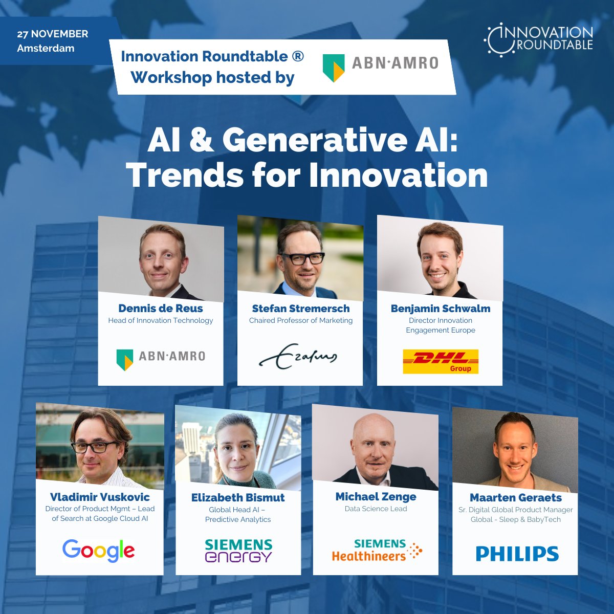 🚀 We're excited to announce our #InnovationWorkshops hosted by ABN AMRO in Amsterdam 🇳🇱 (27-28 November). These two days will revolve around #AI &amp; #GenerativeAI: Trends for #Innovation, and Culture &amp; Leadership for Collaboration &amp; #CustomerCentricity.