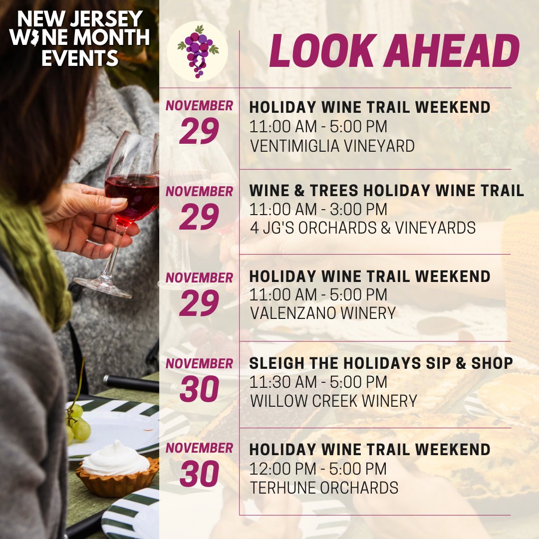 Next weekend, the Holiday Wine Trail kicks off, bringing incredible wine experiences across NJ. 🍇✨ Stop by your favorite local wineries this weekend to get into the holiday spirit! 🍷 Visit the link ow.ly/NbWC50UaiO1 for events happening this weekend! 🍇 #CheersNJWine