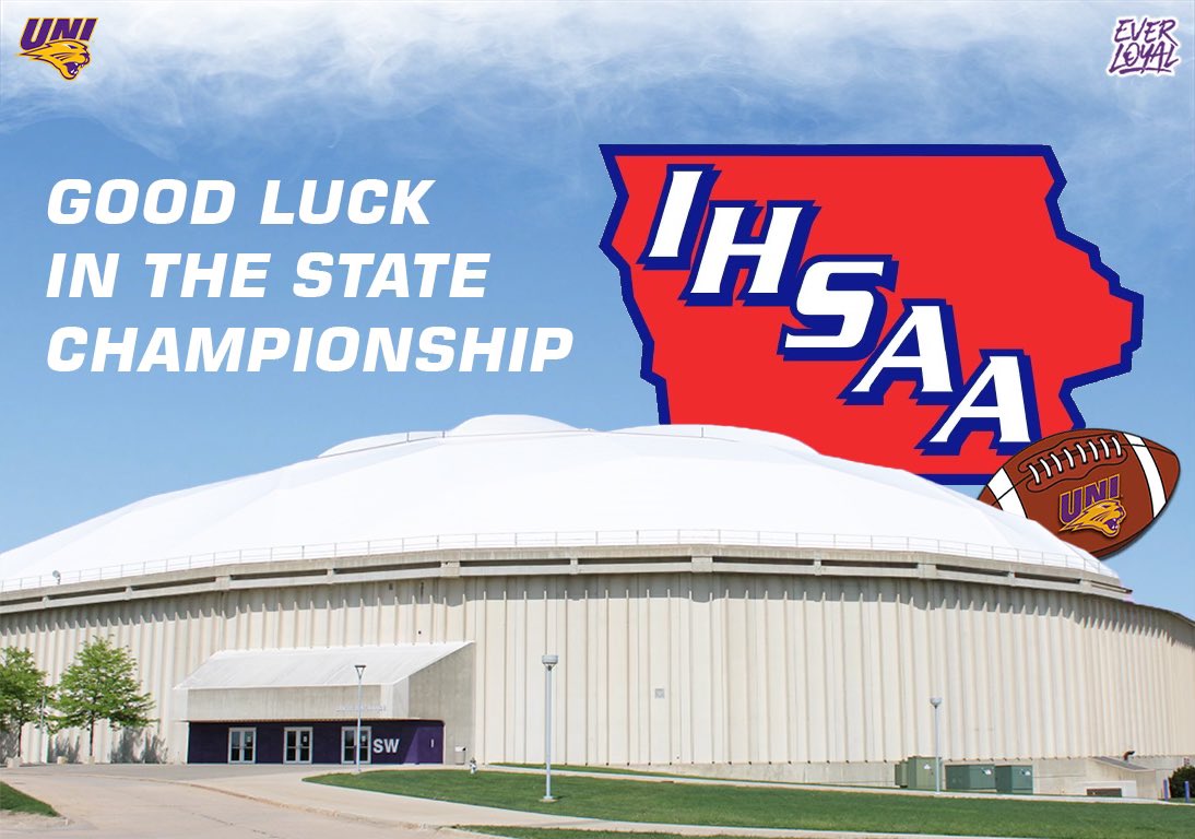 LoganM_CFB's tweet image. Good Luck to all the High School Players &amp;amp; Coaches competing in the @IHSAA State Championship over the next two days! No better place to win a ring with your brothers than the UNI-Dome❕

#WinState 🏆💍

#EverLoyal 🟣⚪️🟡