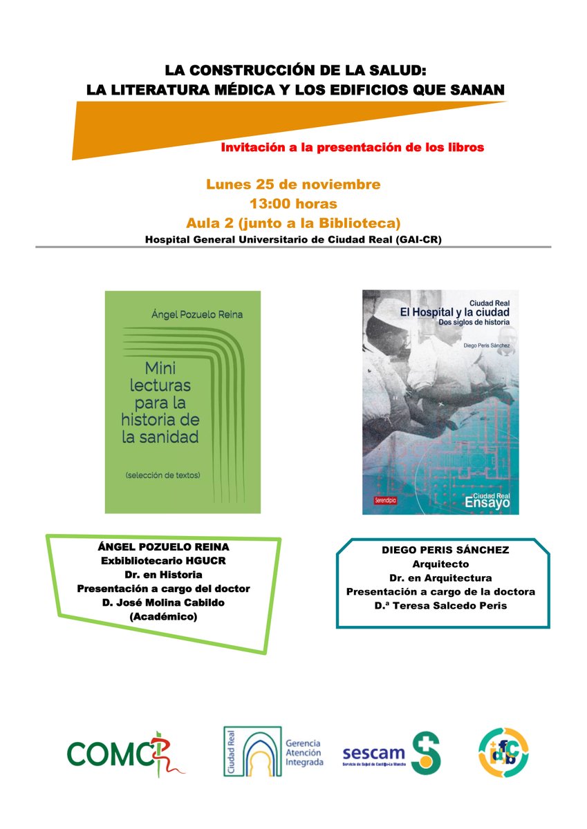 Invitación. 📚 25 de noviembre, 13:00 h. Te esperamos en el <a href="/HGUCR/">للللللل</a> para el la presentación de los libros: 📖 Mini lecturas para la historia de la sanidad 📖 El hospital y la ciudad. Dos siglos de historia. Entrada gratuita. ▶️Más info: i.mtrbio.com/herakytxyr