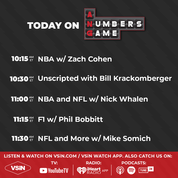 KelleyBydlon's tweet photo. A Numbers Game is LIVE on @VSiNLive at 10 ET from @CircaLasVegas with @beatingthebook and myself!

The Guest List:
10:15 - @BettingOnX 
10:30 - @BillKrackman 
11 - @wha1en 
11:15 - @speedwaysteve2 
11:30 - @Somobomb18 

Watch or listen live on the new VSiN app: https://t.co/z0VZFStzXY