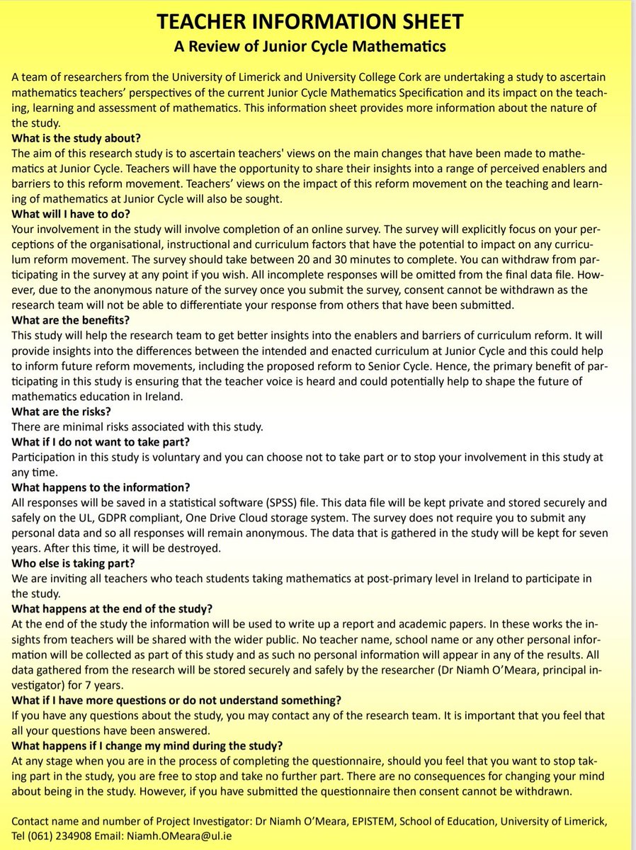 Are you teaching maths?Would you like to have your say on the Junior Cycle Maths Specification (JCMS)?We are conducting an evaluation of the JCMS prior to changes being made at SC &amp; want to hear from maths teachers across Ireland.Link to survey: unioflimerick.eu.qualtrics.com/jfe/form/SV_bd…
