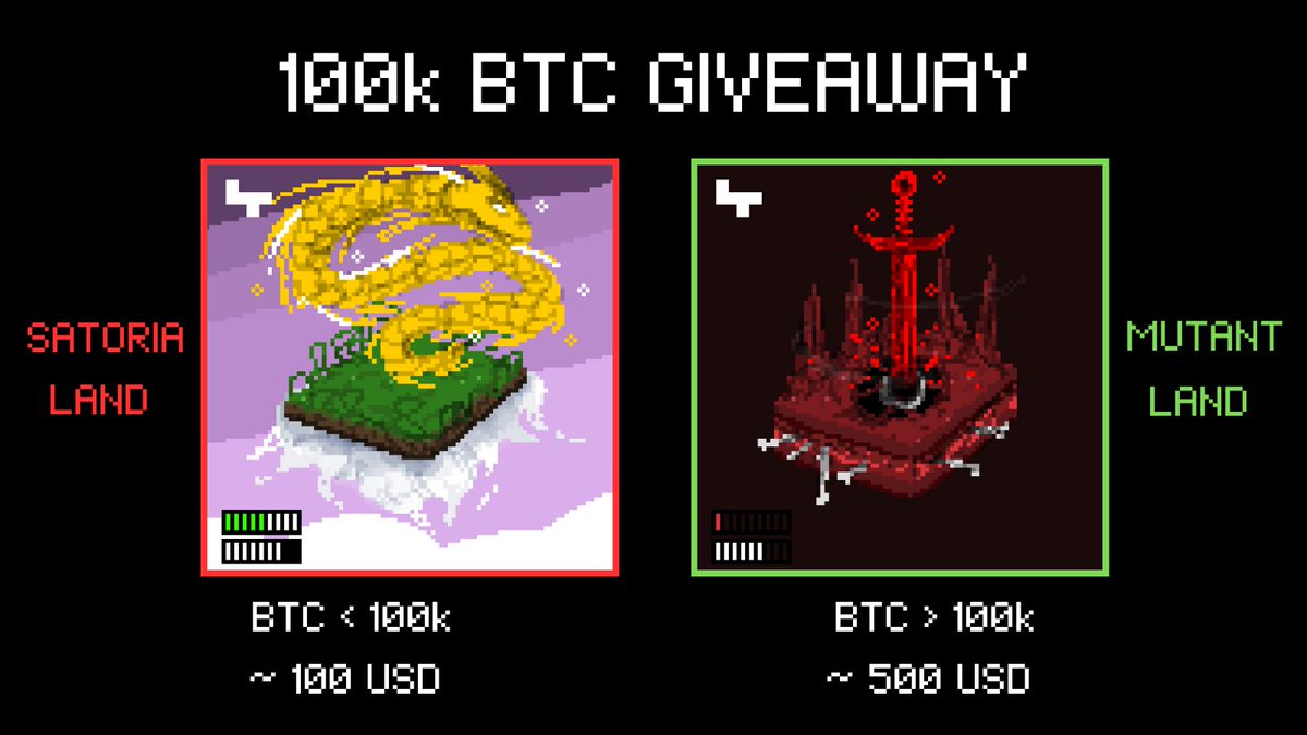 🚨 BITCOIN 100k (?) GIVEAWAY 🚨

To celebrate the inevitable and thank you all, I’m giving away a Satoria OR Mutant Land by <a href="/btcordinal/">BTC MACHINE🤖 - BTC VIRUS🦠</a> to one lucky follower

Here’s the deal:

BTC < $100k by sunday = Satoria Land (~$100)
BTC > $100k by sunday = Mutant Land (~$500)

How to enter: