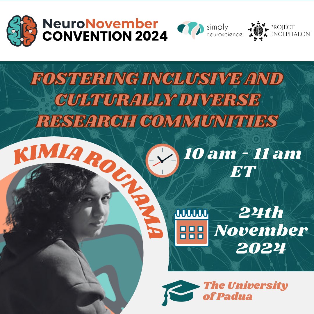 NeuroNovember's tweet image. Kimia Rounama touches on the challenges faced by immigrant neuroscientists and how we can foster inclusivity π
ποΈ Join us at 10-11am ET, 24th November
π Register here: neuronovember.org/event-details/β¦
#neuronov2024 #brainscience #convention #neuroscience #research #inclusivity