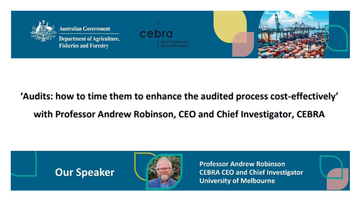 Euphresco network (@euphresco) on Twitter photo 🚨<a href="/CEBRA_UoM/">CEBRA</a> & <a href="/DAFFgov/">Department of Agriculture, Fisheries and Forestry</a> Webinar Alert!🇦🇺🇳🇿
Learn from 🎤Prof. Andrew Robinson about ‘Audits: how to time them to enhance the audited process cost-effectively’💰
📅November 28, 2024
🕚11:00 am (Canberra time)
🔗tinyurl.com/4yw8x4jc
#Webinar #Audits #Biosecurity #RiskManagement 🚨<a href="/CEBRA_UoM/">CEBRA</a> & <a href="/DAFFgov/">Department of Agriculture, Fisheries and Forestry</a> Webinar Alert!🇦🇺🇳🇿
Learn from 🎤Prof. Andrew Robinson about ‘Audits: how to time them to enhance the audited process cost-effectively’💰
📅November 28, 2024
🕚11:00 am (Canberra time)
🔗tinyurl.com/4yw8x4jc
#Webinar #Audits #Biosecurity #RiskManagement