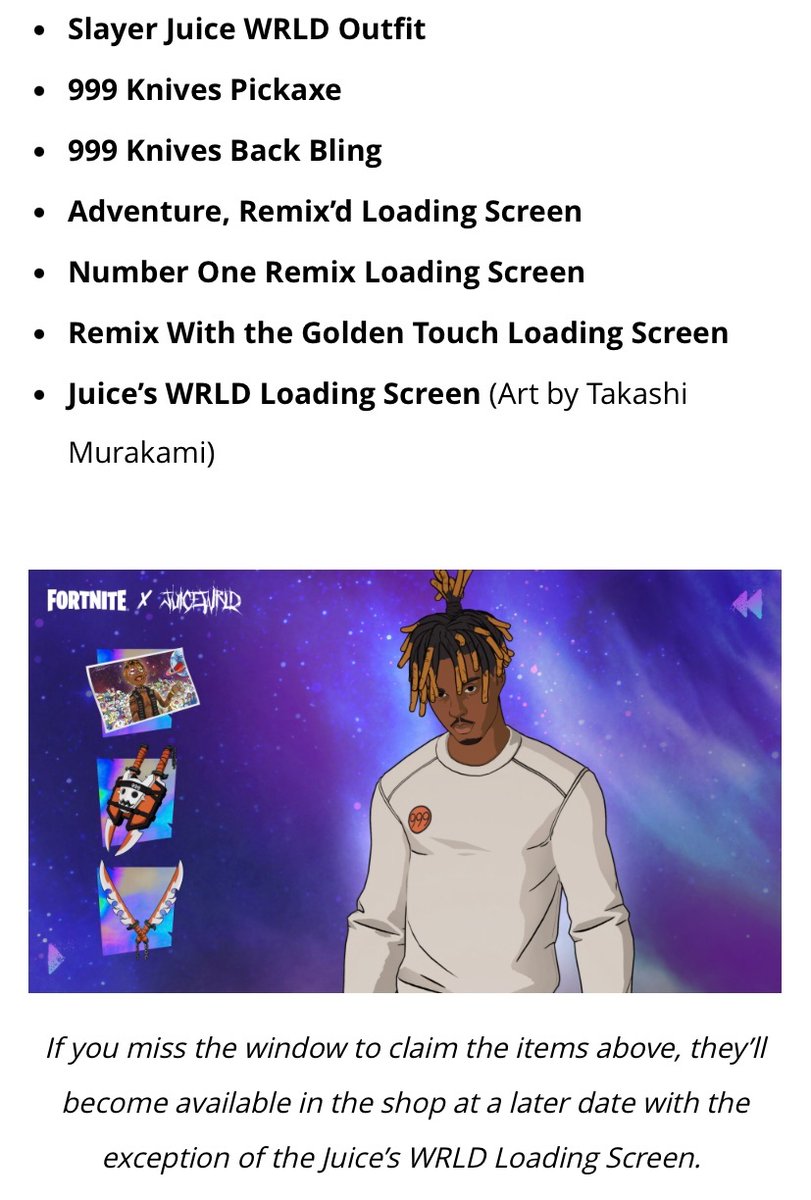 FireMonkey's tweet photo. Logging into Fortnite between Nov 25th and Nov 30th you’ll be granted the Slayer Juice WRLD set the NEXT day! 

These items will be sold in the item shop later on EXCEPT Juice WRLDs loading screen https://t.co/zrZBRcjCMa