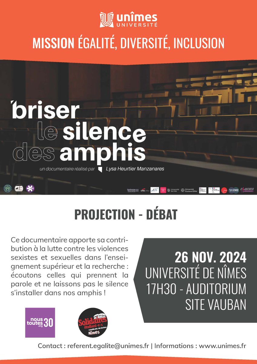 unimesfr's tweet photo. [JOURNEE DE LUTTE CONTRE LES VIOLENCES FAITES AUX FEMMES]🎙️Le 26 et 27 novembre, @unimesfr accueillera sur le site Vauban, 2 conférences. 

👉Ciné-#débat «Briser le silence des amphis».
👉Conférence sur le «Traitement #médiatique des #VSS».

➕d'infos https://t.co/7osGNP08n5 https://t.co/U9dTjXhKgk
