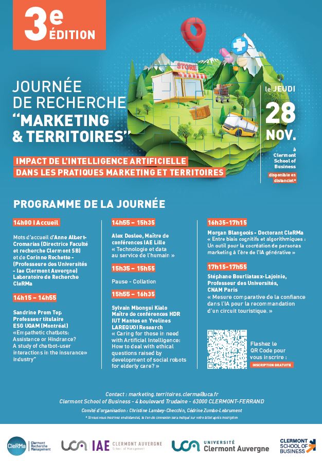 Laboratoire CleRMa (@labo_clerma) on Twitter photo La 3ème édition de la journée de recherche en marketing & territoires sur l’Impact de l’Intelligence Artificielle dans les pratiques marketing et Territoires approche ! RDV jeudi 28 novembre à 14h dans les locaux de <a href="/clermont_sb/">Clermont School of Business</a>
<a href="/Labo_CleRMa/">Laboratoire CleRMa</a>
<a href="/UCA_Recherche/">UCA Recherche</a> La 3ème édition de la journée de recherche en marketing & territoires sur l’Impact de l’Intelligence Artificielle dans les pratiques marketing et Territoires approche ! RDV jeudi 28 novembre à 14h dans les locaux de <a href="/clermont_sb/">Clermont School of Business</a>
<a href="/Labo_CleRMa/">Laboratoire CleRMa</a>
<a href="/UCA_Recherche/">UCA Recherche</a>