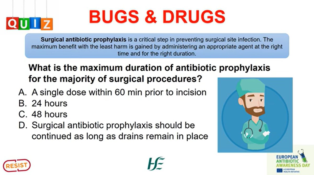 HSE Health Protection Surveillance Centre (HPSC) (@hpscireland) on Twitter photo Test your knowledge of surgical antibiotic prophylaxis with our Bugs & Drugs quiz! 
What is the maximum duration of antibiotic prophylaxis for the majority of surgical procedures?
Find out the answer 👉📹youtu.be/9I6o1_yWccU Test your knowledge of surgical antibiotic prophylaxis with our Bugs & Drugs quiz! 
What is the maximum duration of antibiotic prophylaxis for the majority of surgical procedures?
Find out the answer 👉📹youtu.be/9I6o1_yWccU