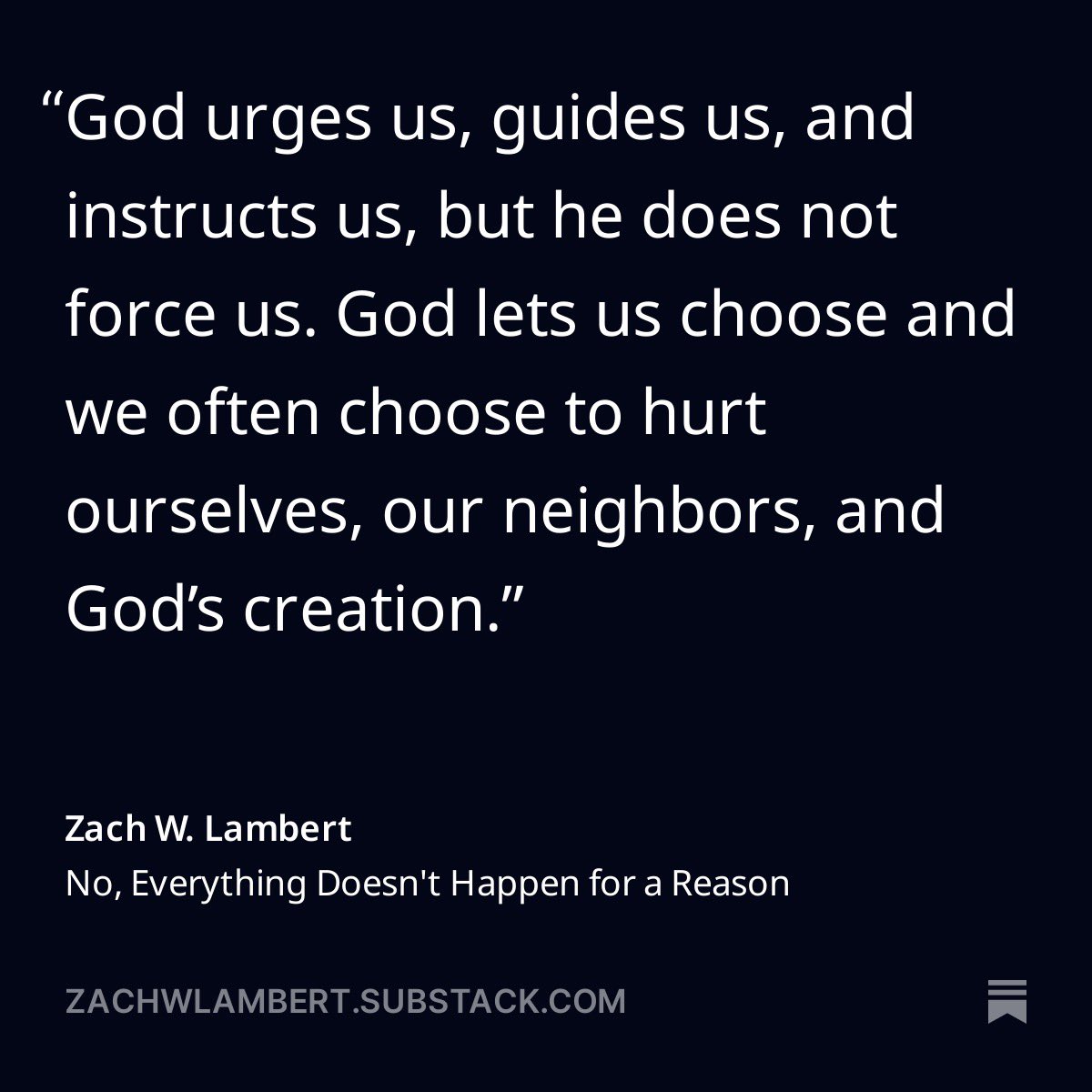ZachWLambert's tweet photo. “Everything happens for a reason!”
“Don’t worry, God is on the throne.”
“God will never give you more than you can handle.”

None of these things are true, none of them are biblical, and all of them are harmful when dropped on people going through really difficult times.

We have to stop attributing the hateful actions of humans to a loving God.