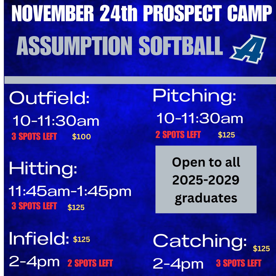 Coach Stacey Mayer (@staceymayer_) on Twitter photo โผ๏ธEmail or DM me to claim one of our last slots available for AUSB camp on Sunday!
SL.Mayer@assumption.edu
๐ฅPitching Session: 2 Spots Left
๐ฅCatching Session: 3 Spots Left
๐ฅInfield Session: 2 Spots Left
๐ฅOutfield Session: 3 Spot Left
๐ฅHitting Session: 3 Spots Left โผ๏ธEmail or DM me to claim one of our last slots available for AUSB camp on Sunday!
SL.Mayer@assumption.edu
๐ฅPitching Session: 2 Spots Left
๐ฅCatching Session: 3 Spots Left
๐ฅInfield Session: 2 Spots Left
๐ฅOutfield Session: 3 Spot Left
๐ฅHitting Session: 3 Spots Left