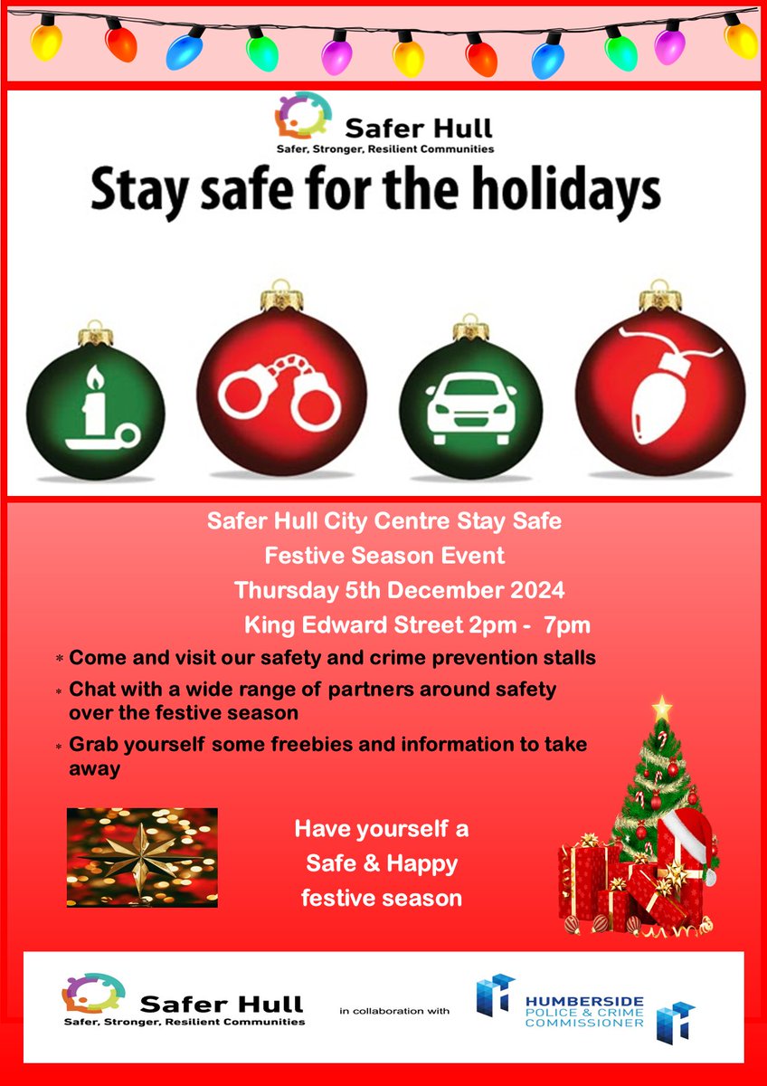Humber Violence Prevention Partnership (@humbervpp) on Twitter photo Join us on Thursday 5 December to discover how to have a safe festive season 🎄
Safer Hull, in partnership with <a href="/HumbersidePCC/">Humberside PCC</a>, is hosting a 'Stay Safe for the Holidays' event at King Edward Street, #Hull.
Pop by from 2-7pm to learn crime prevention & safety tips. Join us on Thursday 5 December to discover how to have a safe festive season 🎄
Safer Hull, in partnership with <a href="/HumbersidePCC/">Humberside PCC</a>, is hosting a 'Stay Safe for the Holidays' event at King Edward Street, #Hull.
Pop by from 2-7pm to learn crime prevention & safety tips.