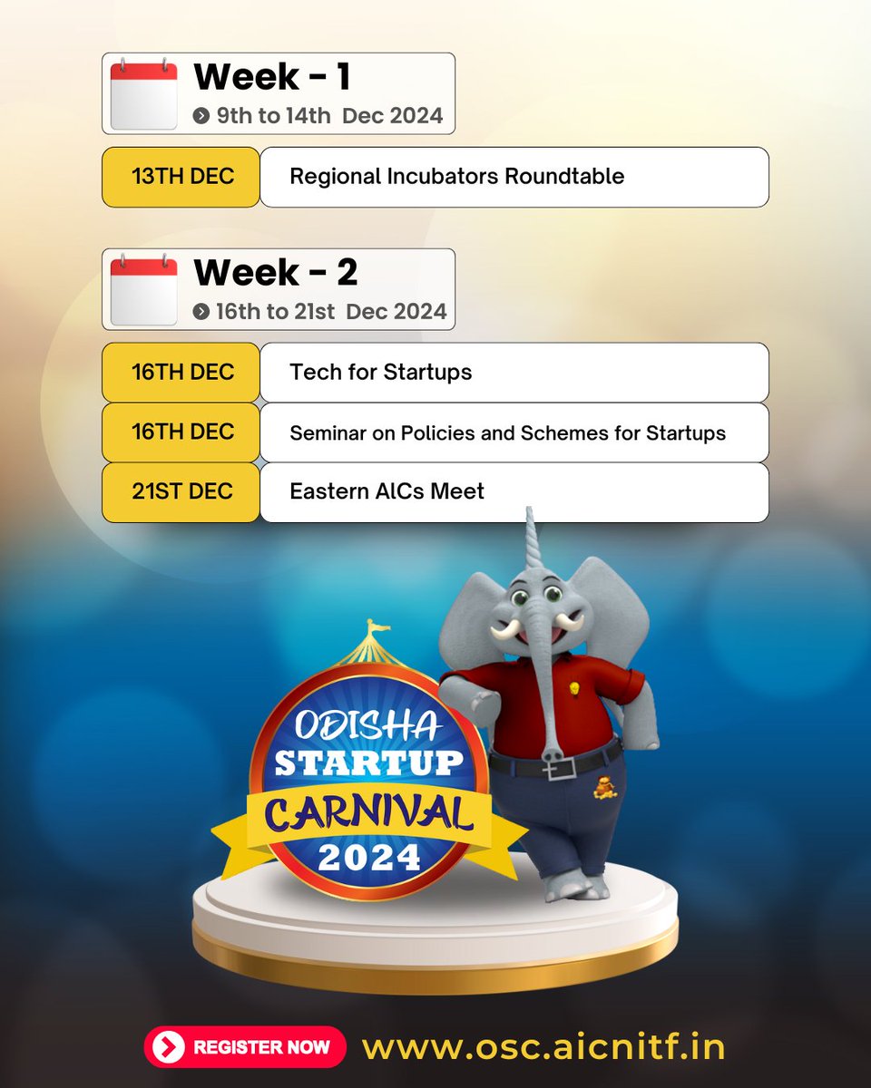 Odisha_Carnival's tweet image. OSC 2024 aims to connect enablers to foster collaboration, share insights &amp;amp; grow Odisha's startup ecosystem.
📅 Mark your calendars: 7th – 21st December 2024
🔗 Register now: osc.aicnitf.in
@AIMtoInnovate @startupindia @startup_odisha
@AtalNit 
#aicnalanda #osc #enablers