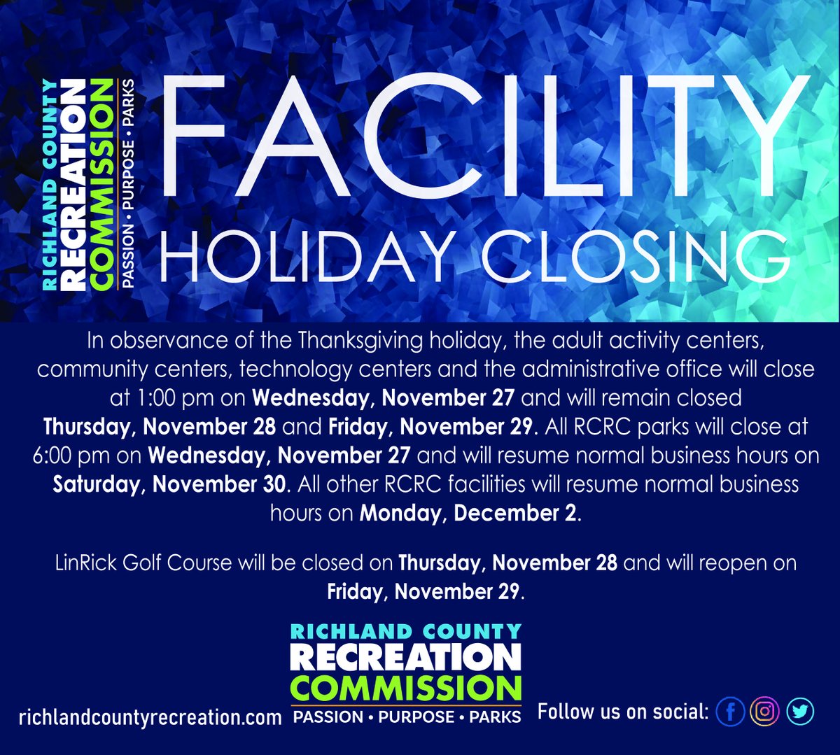 In observance of the Thanksgiving holiday, RCRC will close facilities. Please see below for more information.