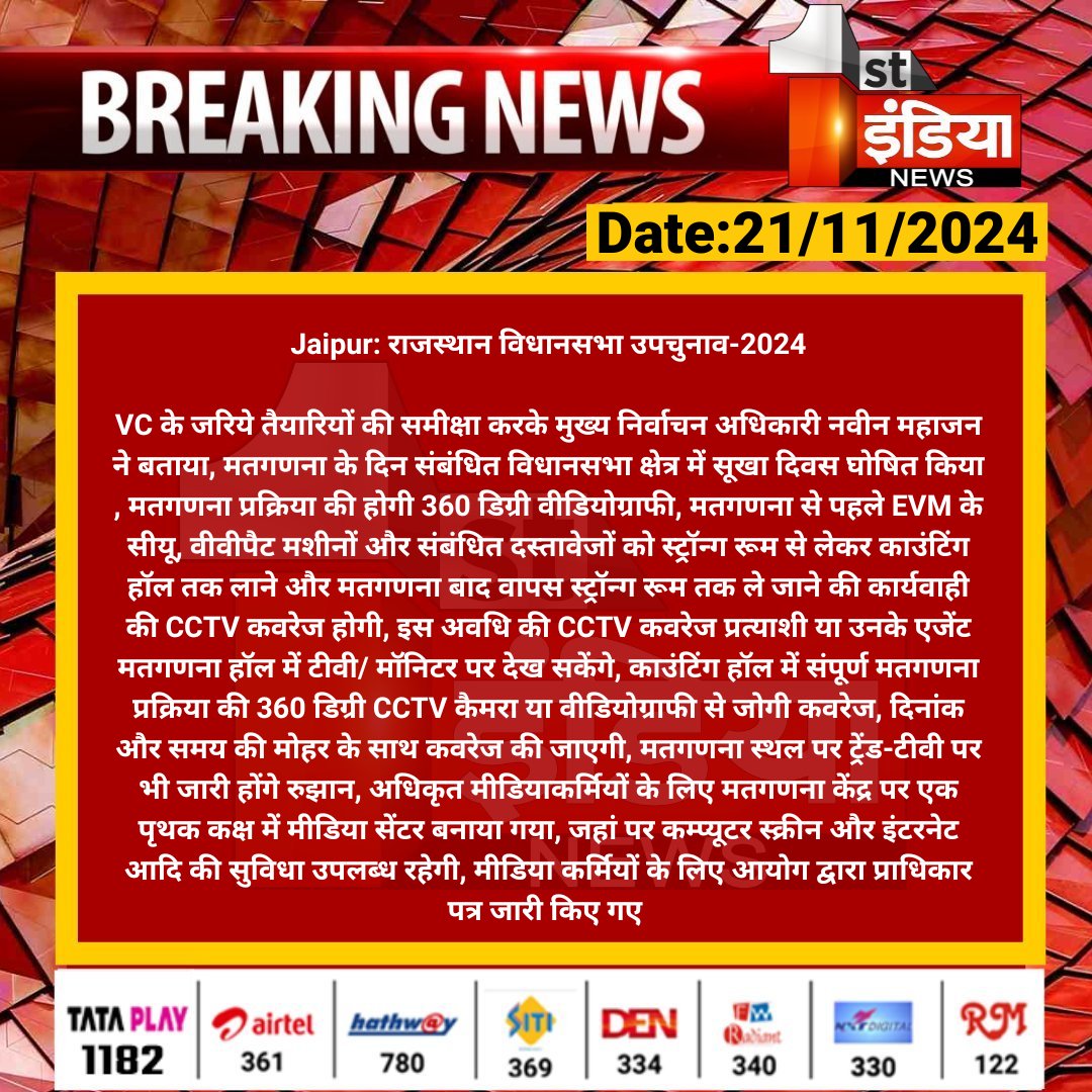 1stIndiaNews's tweet photo. #Jaipur: राजस्थान विधानसभा उपचुनाव-2024

VC के जरिये तैयारियों की समीक्षा करके मुख्य निर्वाचन अधिकारी नवीन महाजन ने बताया, मतगणना के दिन संबंधित... 

#RajasthanWithFirstIndia #ByElectionUpdate @RajGovOfficial @CeoRajasthan @rituraj9999 https://t.co/Tvr1ndwMKG