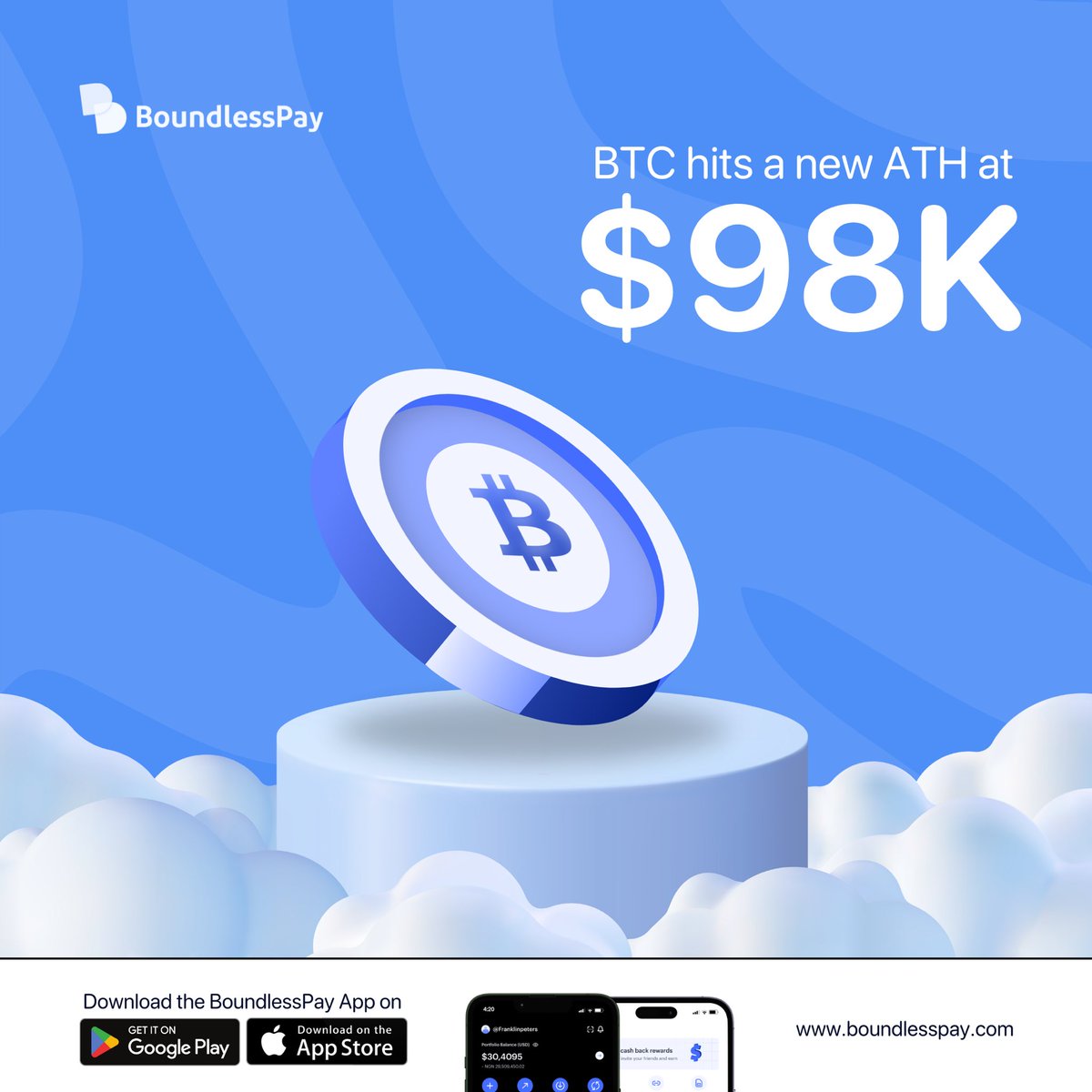 boundlesspay's tweet image. $BTC just broke $98k 

What's your next prediction?