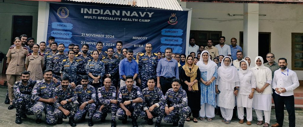 IN_HQSNC's tweet photo. Ahead of the #Navyweek24, #SNC is conducting a multi-specialty medical camp at #Lakshadweep Islands from 21 to 23 Nov 24. A medical team comprising specialists from various fields of #INHSSanjivani are visiting #Minicoy, #Bitra and #Androth islands.
#Day1 of camp at Primary Health Centre, Minicoy witnessed a huge turnout of over 500 patients. Medical advice on management of various ailments and patients seeking medical assistance was provided. Training was provided to local doctors, health care staff and school children on basic life support system.