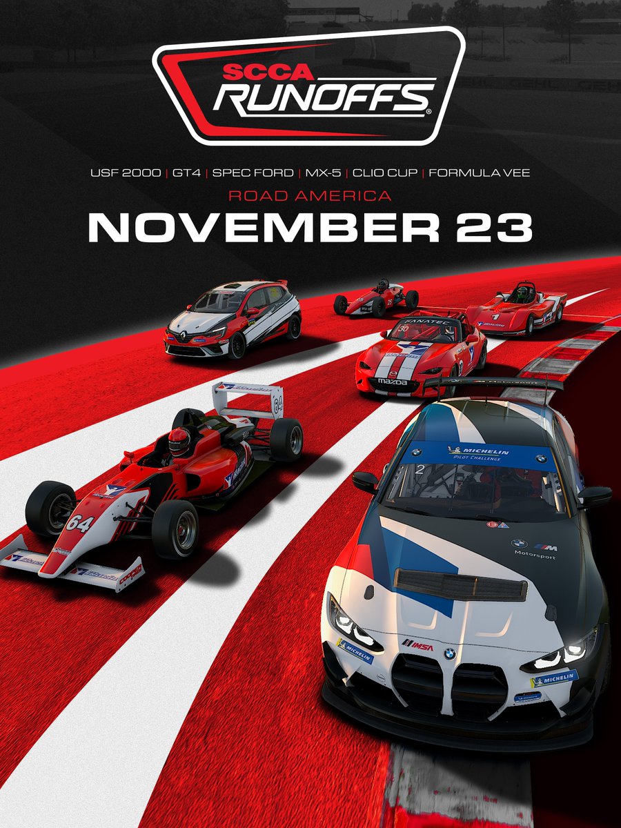 USF's, GT4's Spec Ford's, MX-5's, Clio's, Vee's....

It's like the Avengers of sim racing. Head over to virtual Road America and compete in the SCCA Runoffs this week!