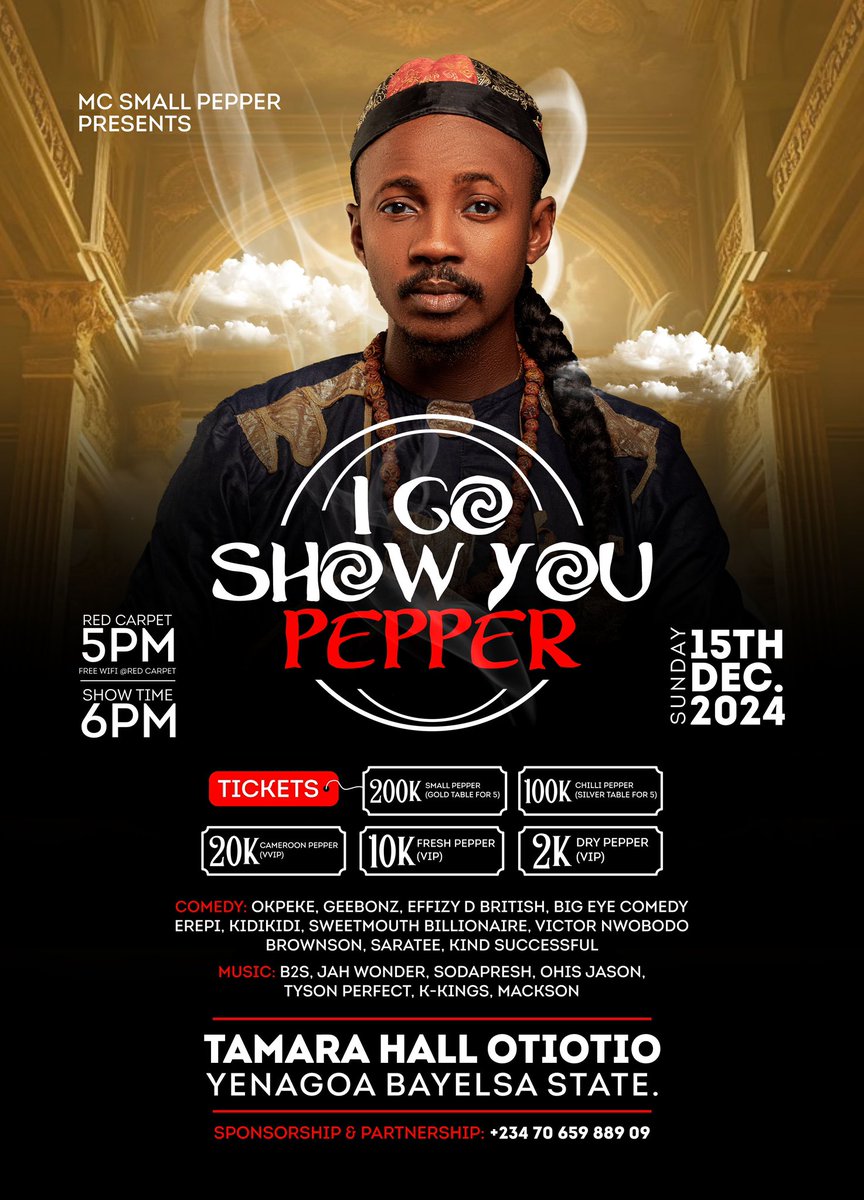 Ayekoru's tweet photo. Ready to spice up your night? Catch MC Smallpepper  live on stage! on the 15th December @ Tamara Hall. Don’t miss the laughs, the vibes, and the energy – grab your tickets now and be part of the fun! https://t.co/nJUsc66Ple