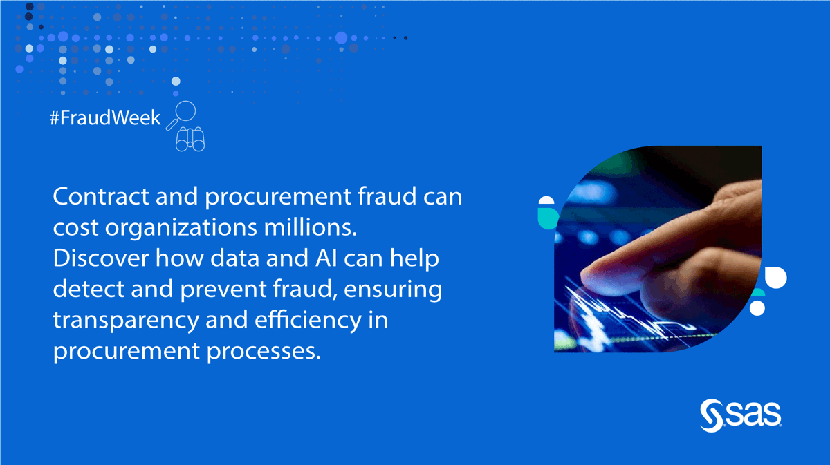 Contract and #ProcurementFraud can lead to significant losses for organizations. Explore how <a href="/SASsoftware/">SAS Software</a> is using data &amp; #AI to help detect and prevent fraud. Learn more: 2.sas.com/6017sF5US #FraudWeek #FraudPrevention