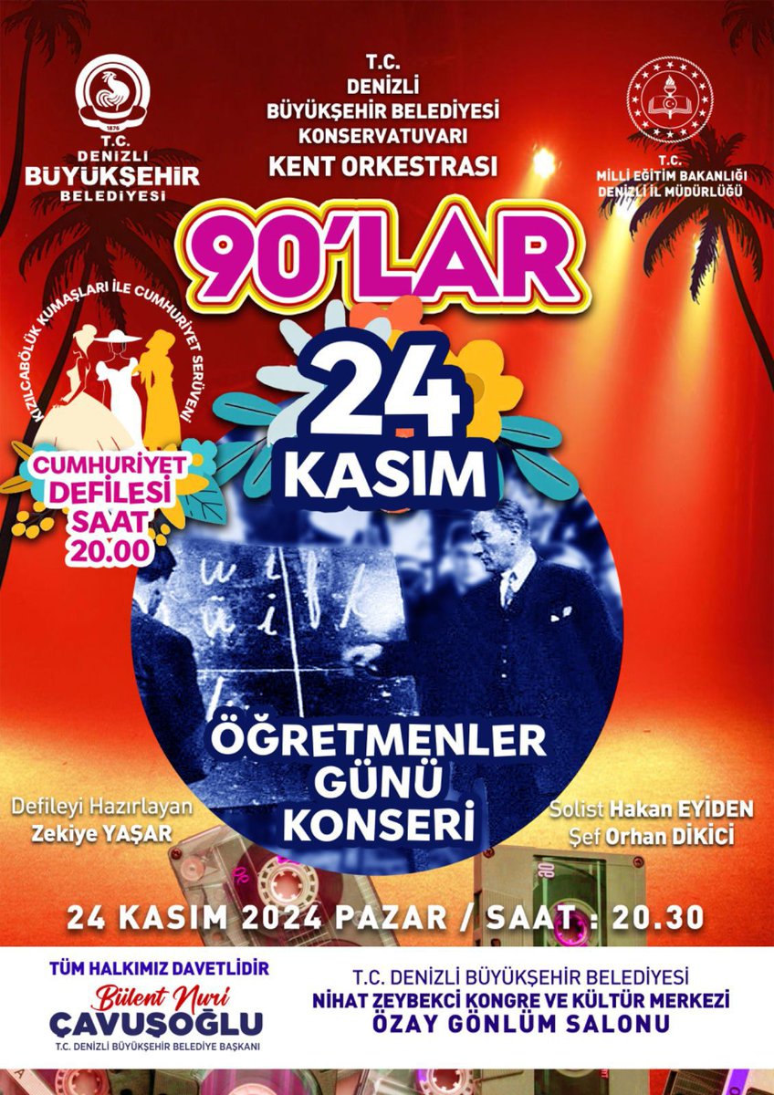 Denizli Büyükşehir Belediyemiz 24 Kasım Öğretmenler Günü dolayısıyla, Kent Orkestrası Konseri ve Cumhuriyet Defilesi organize etti. Bu özel günde tüm öğretmenlerimizi etkinliğe bekliyoruz.