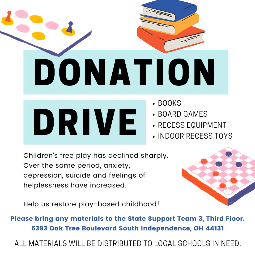State Support Team 3 (@sstregion3) on Twitter photo 🎲 Support Play-Based Learning! SST3 & ESCNEO are collecting books, board games, recess equipment & toys for local schools. Help us bring back the joy of play & support student success! Drop off: SST3, 6393 Oak Tree Blvd S, Independence, OH
💙 Every donation helps! <a href="/ESC_Teach/">ESC of Northeast Ohio Teaching & Learning</a> 🎲 Support Play-Based Learning! SST3 & ESCNEO are collecting books, board games, recess equipment & toys for local schools. Help us bring back the joy of play & support student success! Drop off: SST3, 6393 Oak Tree Blvd S, Independence, OH
💙 Every donation helps! <a href="/ESC_Teach/">ESC of Northeast Ohio Teaching & Learning</a>