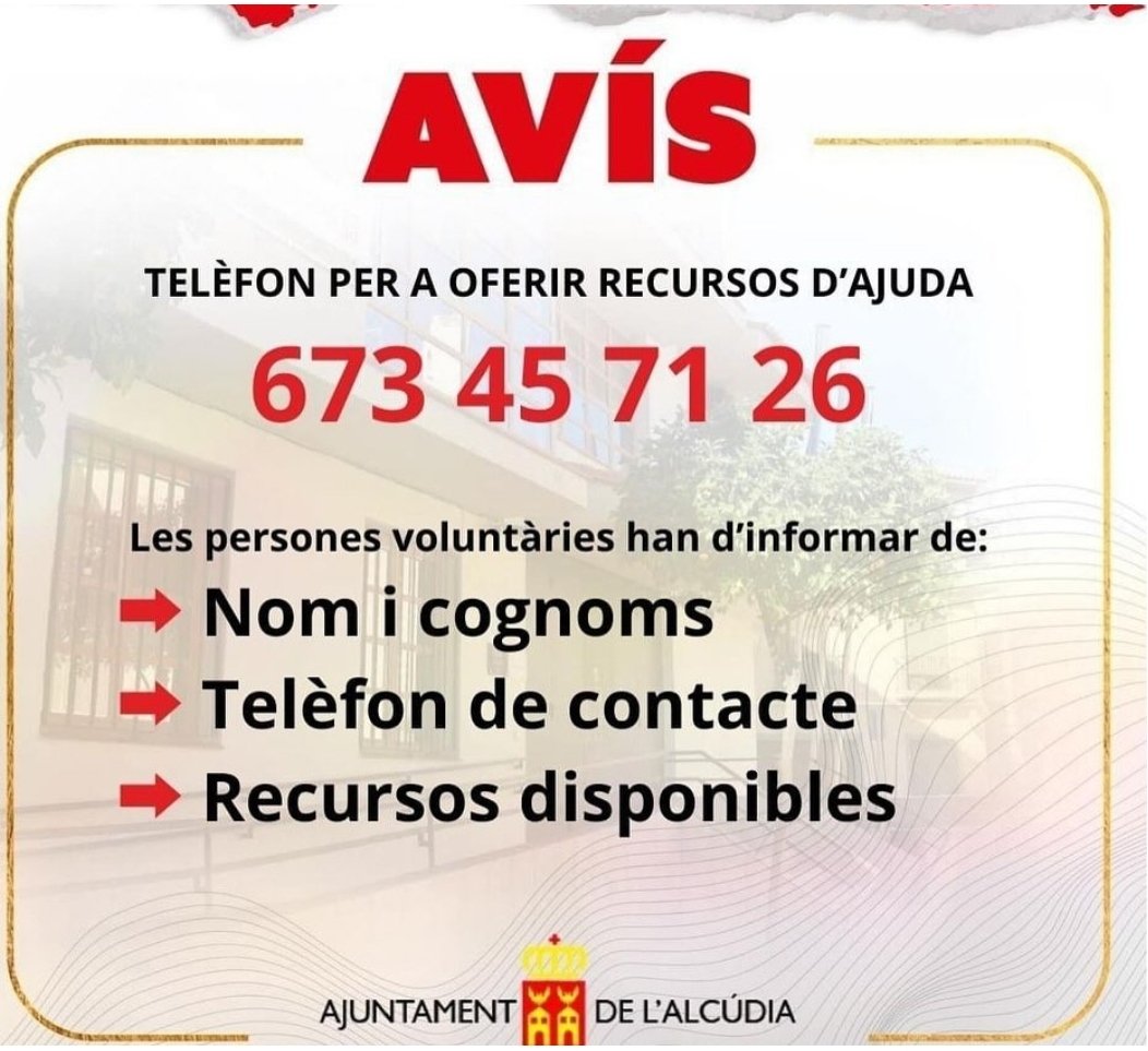 #ValenciaNoSeOlvida
Nuestros pueblos se organizan ante la catástrofe. También el mio, #LAlcúdia A las zonas más alejadas de #Valencia llega menos ayuda y hay que canalizarla. Y es que hay muchos pueblos afectados. El <a href="/Ajunt_lalcudia/">Ajunt. de l'Alcúdia</a> nos deja estos contactos. No mos olvidéis.