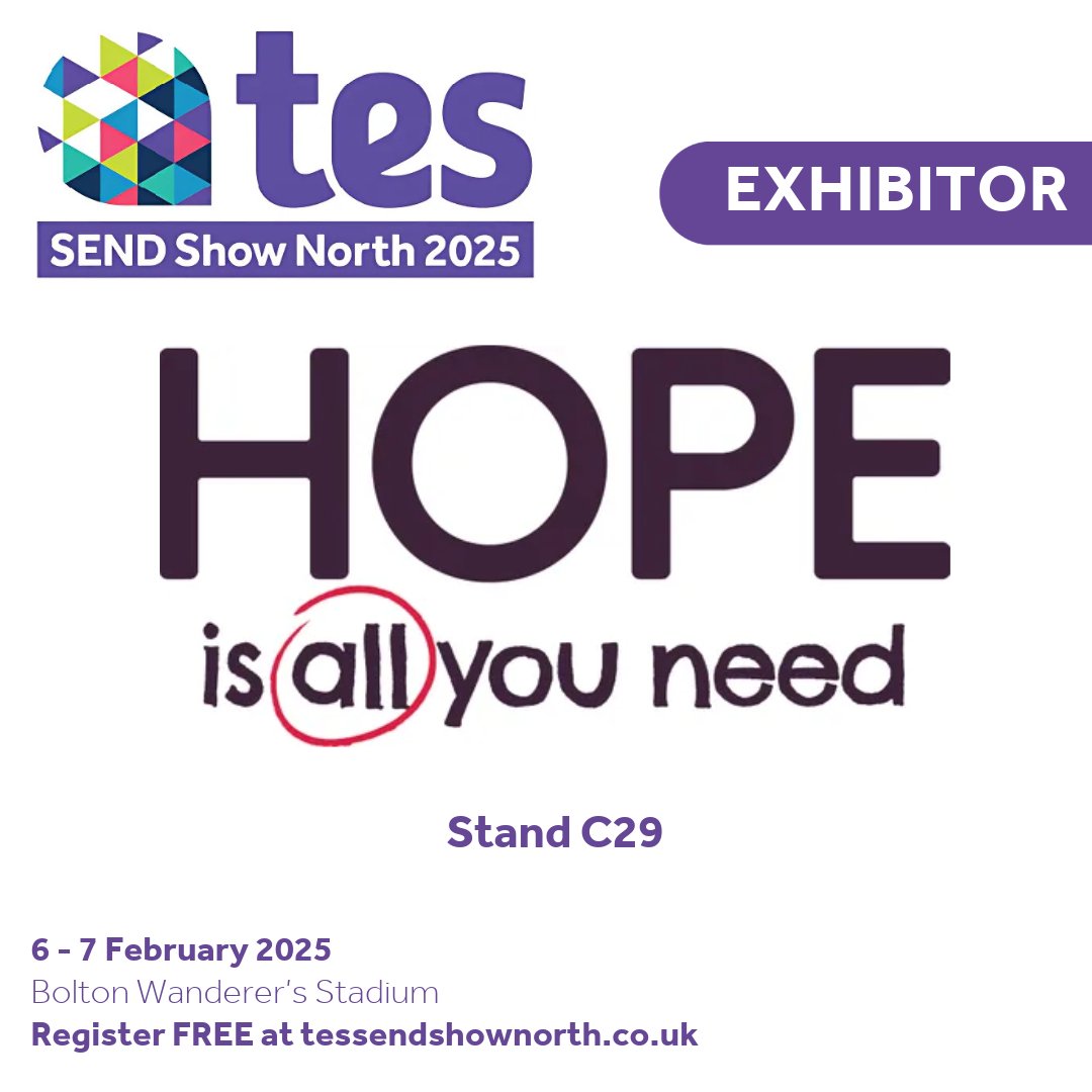 Tes SEND Show (@sendshowuk) on Twitter photo We welcome <a href="/HopeEducationUK/">Hope Education</a> to the #TesSENDShowNorth 2025!🥳
For more information visit 👉 hope-education.co.uk
Don't forget, registration is FREE 👉 bit.ly/48v2KgU We welcome <a href="/HopeEducationUK/">Hope Education</a> to the #TesSENDShowNorth 2025!🥳
For more information visit 👉 hope-education.co.uk
Don't forget, registration is FREE 👉 bit.ly/48v2KgU