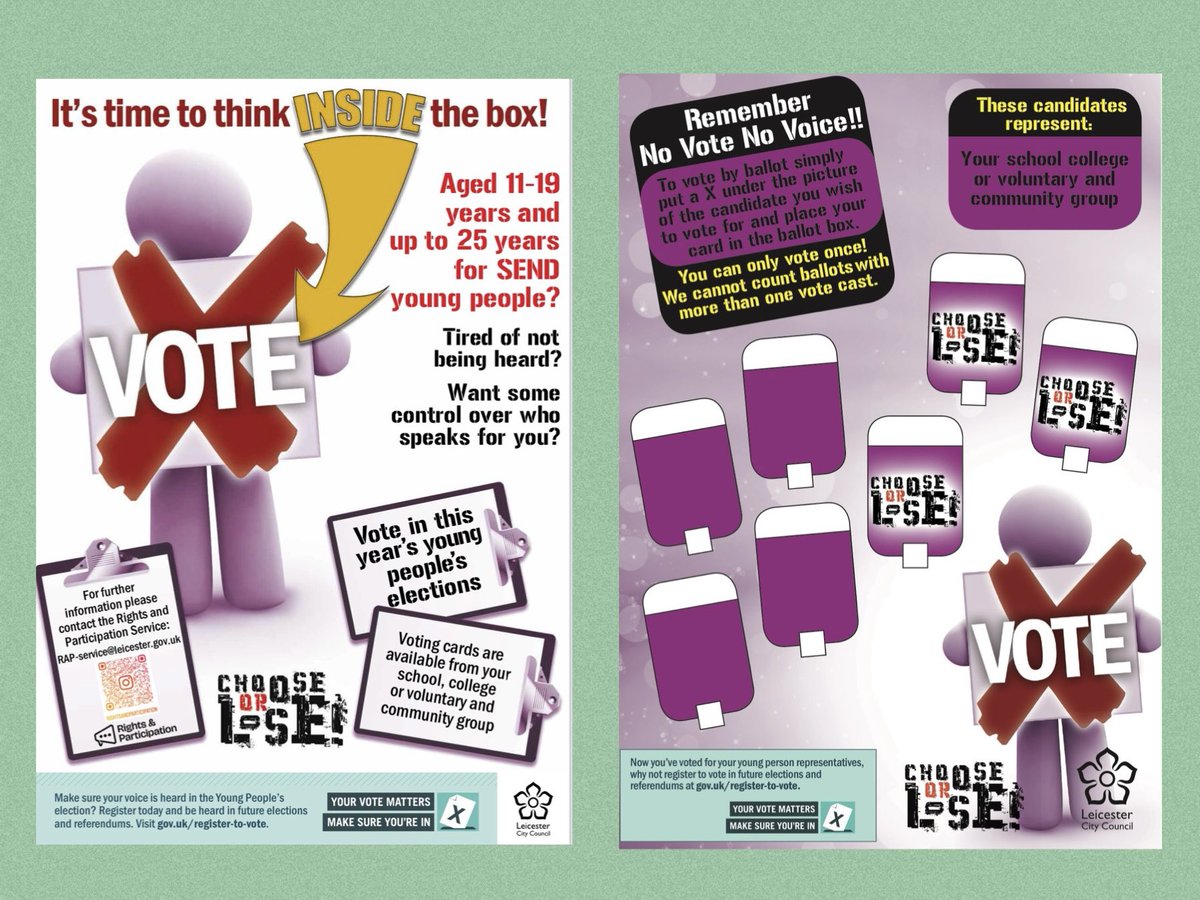 It’s time to VOTE in Leicesters Young People’s Council Elections! Good luck to all the candidates in our internal services, schools, colleges and our voluntary and community sector! 🗳️

#YPC #LeicesterYoungProplesCouncil #Elections #YouthVoice #Participation #Vote
