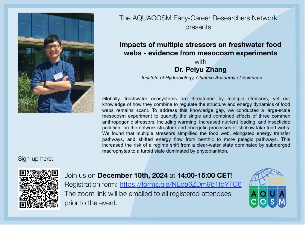 MERGE_ECR's tweet image. Join us for our upcoming free online lecture by Dr. Peiyu Zhang about the &quot;Impacts of multiple stressors on freshwater food webs - evidence from #mesocosm experiments&quot;.

📅 10th Dec 2024, 14-15 CET
✏️ Sign up here: docs.google.com/forms/d/e/1FAI…