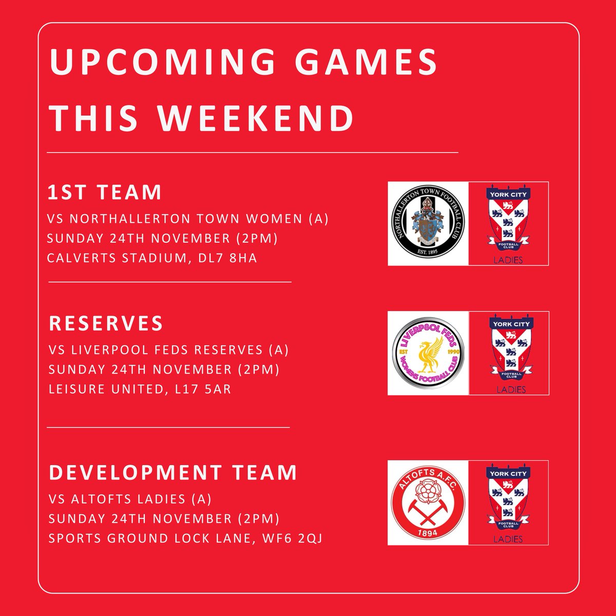 All 3️⃣ teams are on the road tomorrow afternoon! 🛣

#YCLFC #MinsterBelles