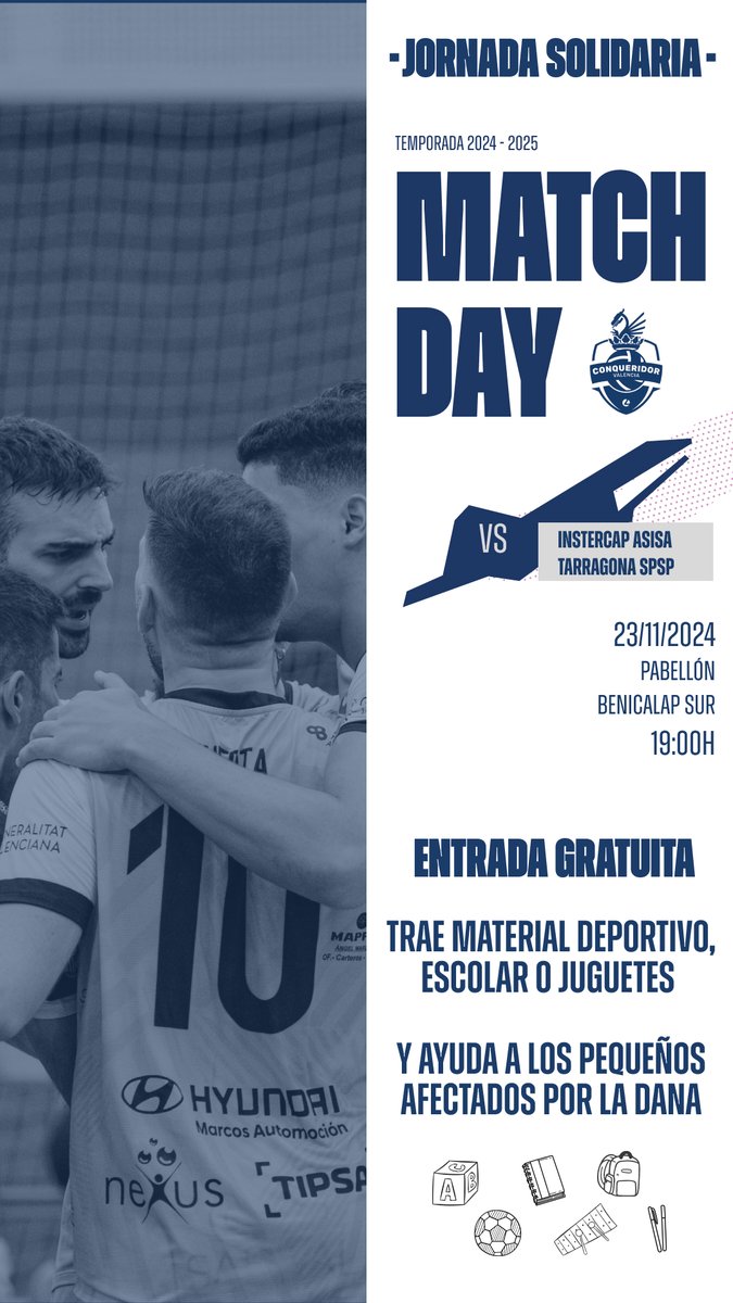 Llenemos el Pabellón de Benicalap Sur de material escolar, deportivo y juguetes para llevar a los colegios afectados por la #DANA. 🏫

🏐 Partido de Superliga 2 contra <a href="/ClubVoleiSoller/">Club Volei Sóller</a> (15:45h) y de Superliga 1 ante el <a href="/cvspsp/">CV SPiSP OFICIAL</a> (19:00h)

ℹ️ Entrada GRATUITA