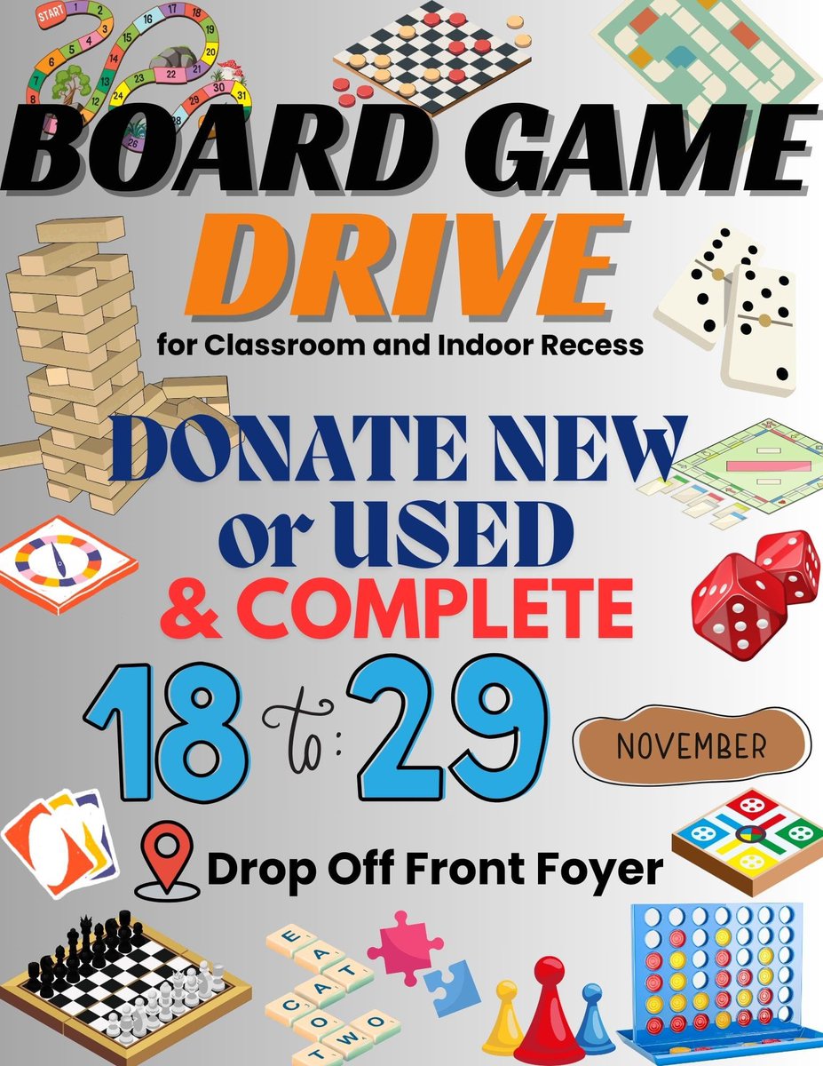 Help make rainy days fun! Our Board Game &amp; Puzzle Drive runs until Nov 29. Please ensure all pieces are included. These donations bring so much joy during indoor recess! 🧩🎲