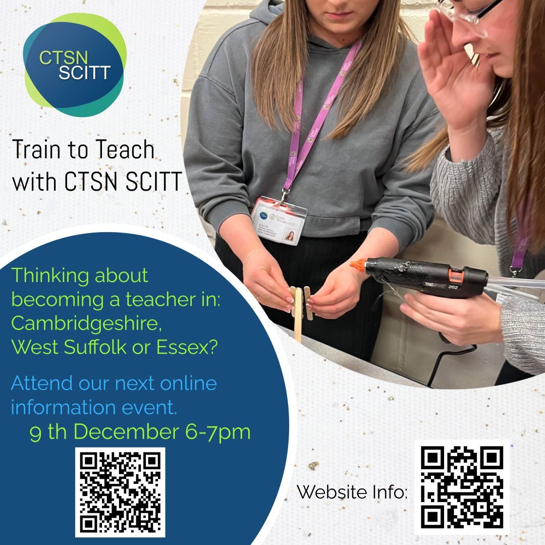 Teacher training is in full swing! Find out applying for teacher training starting in September 2025. Our next online information event is 9th December 6-7pm.
buff.ly/3mBXKiY Want to #teachinsuffolk #teachincambs #teachinessex or #teachinnorfolk then apply to CTSN SCITT'