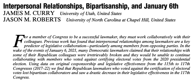 apsrjournal's tweet photo. Just published on APSR First View: "Interpersonal Relationships, Bipartisanship, and January 6th" by James M. Curry and Jason Roberts. https://t.co/5V9RMBxlWW https://t.co/yxeDX7anee