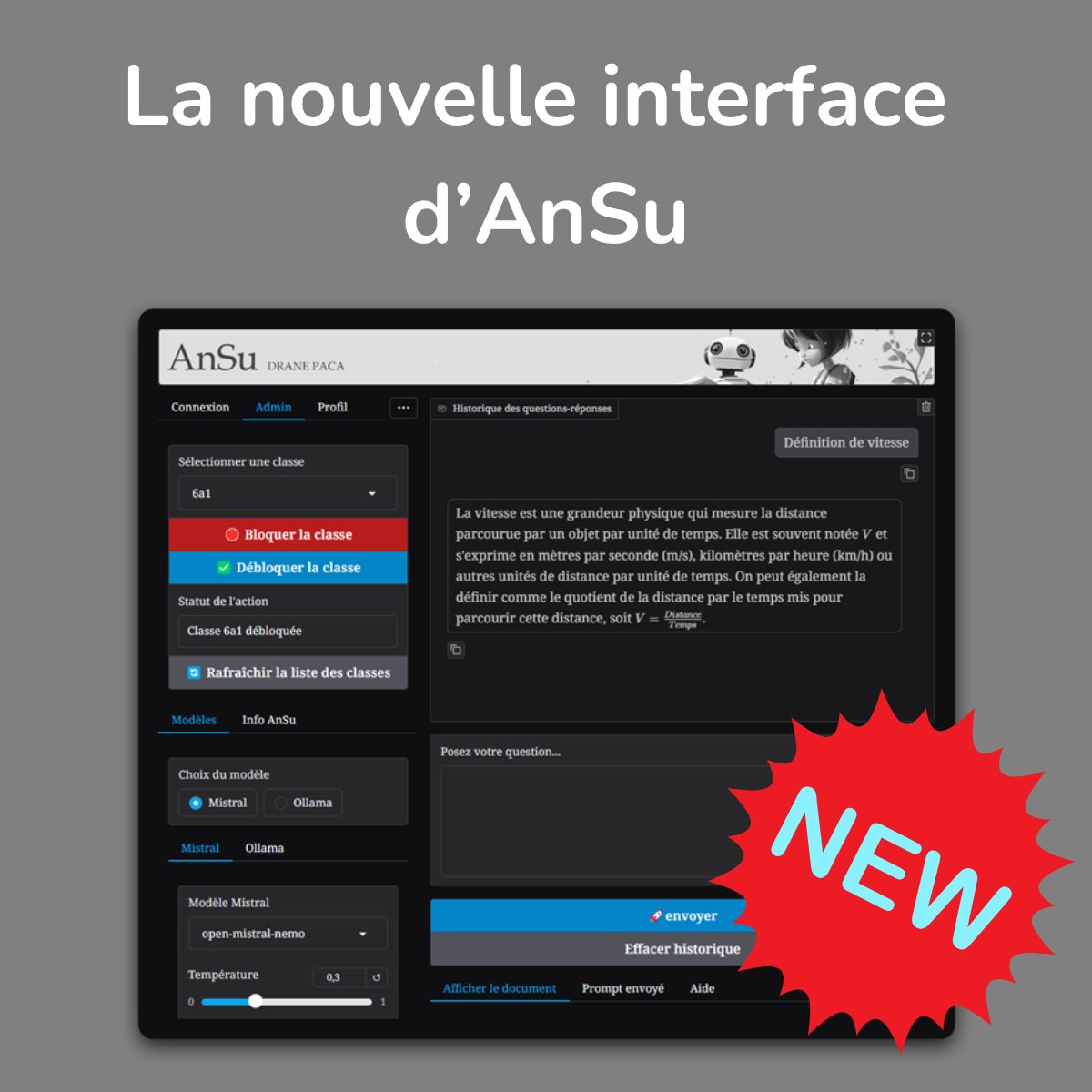 DRANE Provence-Alpes-Côte d'Azur (@dranepaca) on Twitter photo 🎓 AnSu, l'IA éducative, évolue !
💡Principes clés : sécurité renforcée, éthique, éco-conception
🎯Objectif : intégrer l’IA dans un cadre pédagogique maîtrisé
Expérimentation à + grande échelle en cours !
#EdTech #iA
➕d'infos 👉pedagogie.ac-aix-marseille.fr/jcms/c_1124270…
<a href="/castanet_drane/">Alexandre Castanet Pro</a> 🎓 AnSu, l'IA éducative, évolue !
💡Principes clés : sécurité renforcée, éthique, éco-conception
🎯Objectif : intégrer l’IA dans un cadre pédagogique maîtrisé
Expérimentation à + grande échelle en cours !
#EdTech #iA
➕d'infos 👉pedagogie.ac-aix-marseille.fr/jcms/c_1124270…
<a href="/castanet_drane/">Alexandre Castanet Pro</a>