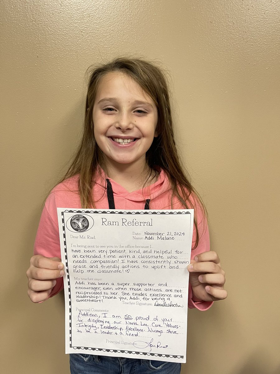 🌟Congratulations to Addison for receiving a Ram Referral for displaying our North Lee Core Values- Integrity. Leadership. Excellence. Way to go, Addison!! 🌟