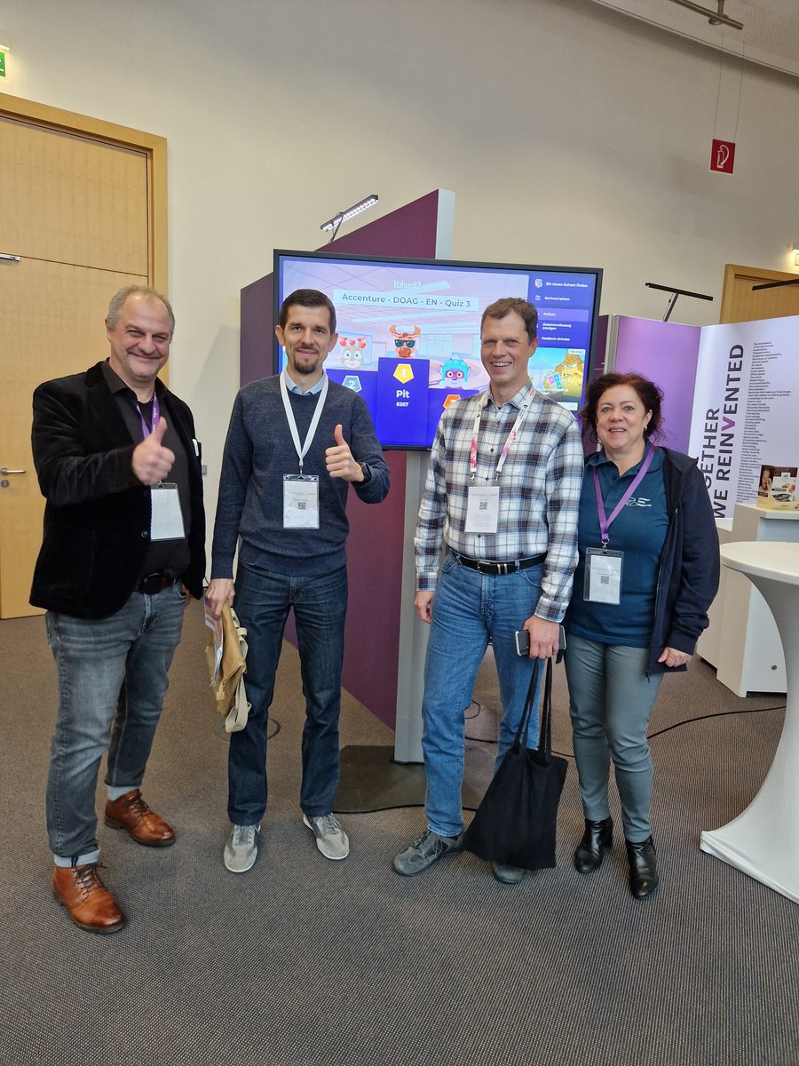3rd day, 3rd quiz, again great fun at <a href="/Accenture/">Accenture</a> booth at #DOAG2024 <a href="/DOAGeV/">DOAG e.V.</a>. Thx for joining and congrats to the winners!
Also many thx to @martinberger_ch for creating the fun questions on #kahoot and moderating  it with great enthusiasm 😎